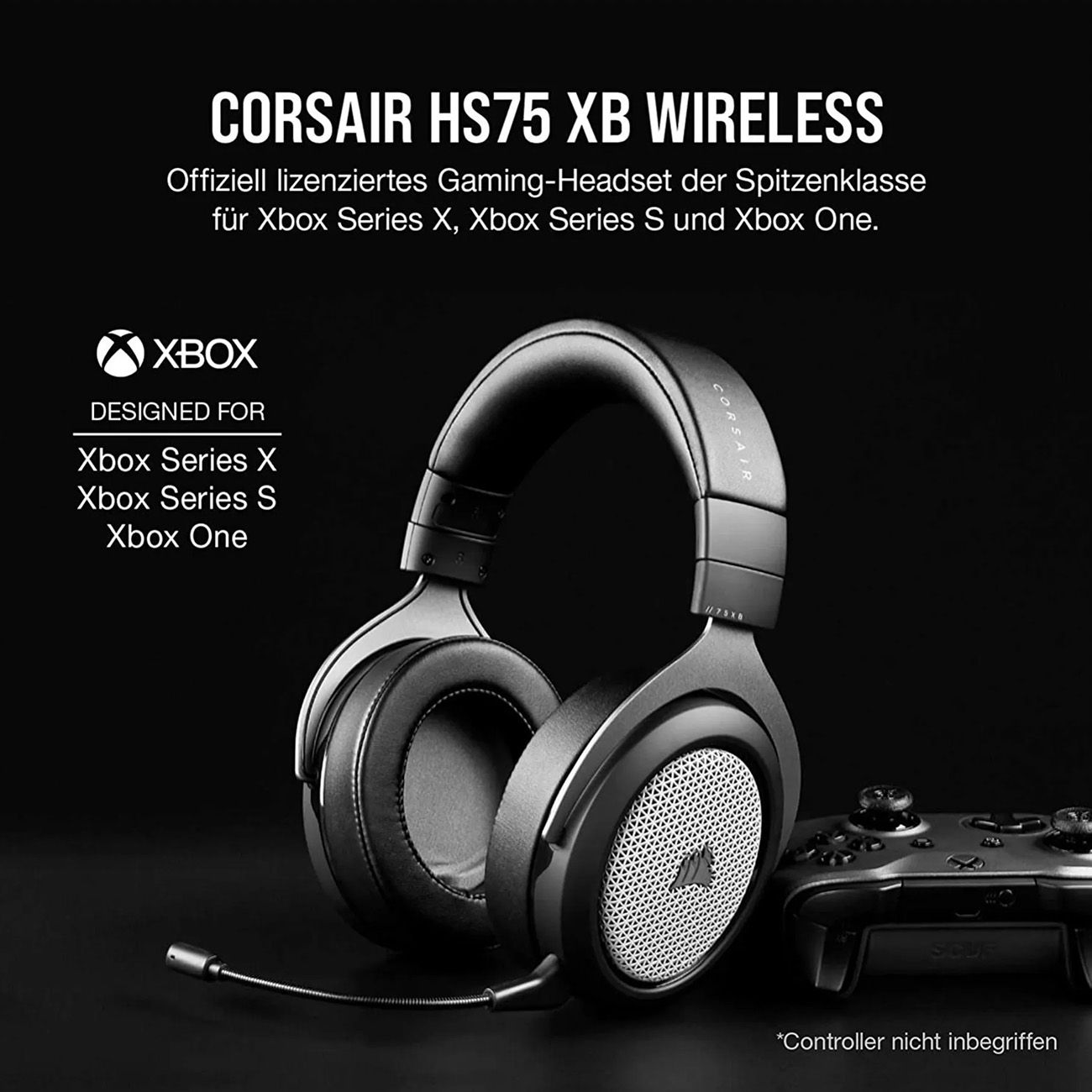 Auriculares inalámbricos para juegos Corsair HS75 XB negros. Incluye un micrófono y un mando.
