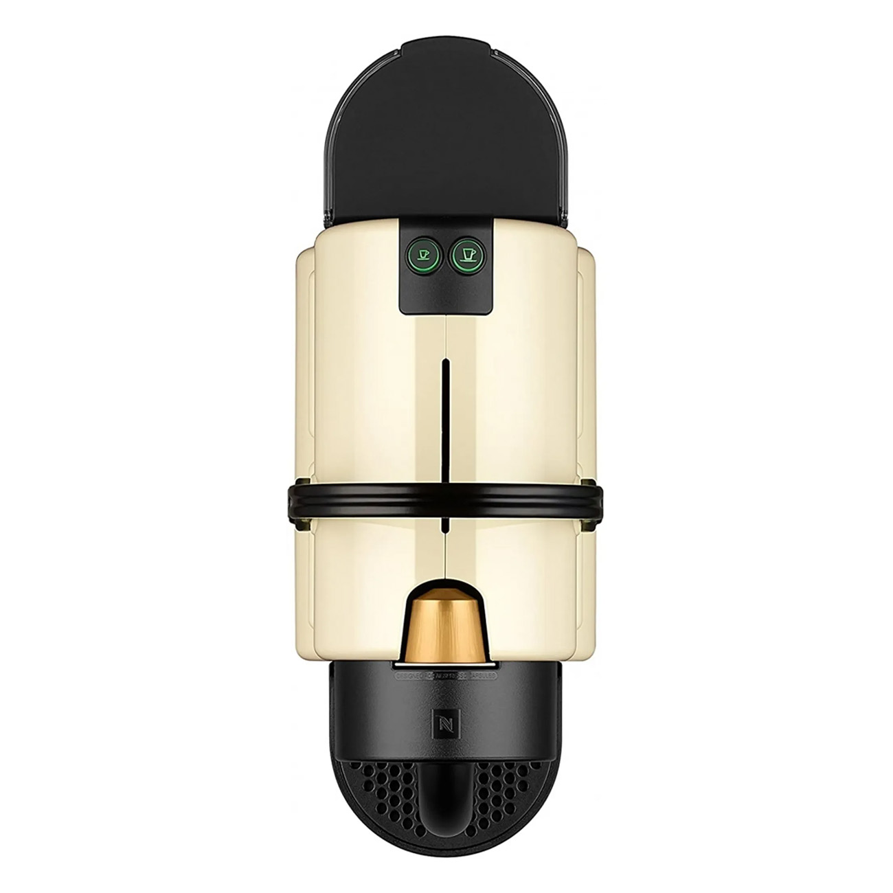 Kremowy ekspres Nespresso z czarną podstawą. Złota kapsułka z kawą jest w podstawie.