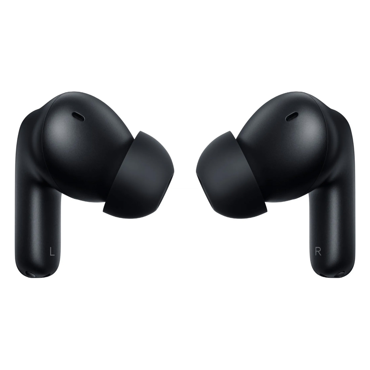 Dwa czarne bezprzewodowe słuchawki z oznaczeniami L i R, białe tło.
