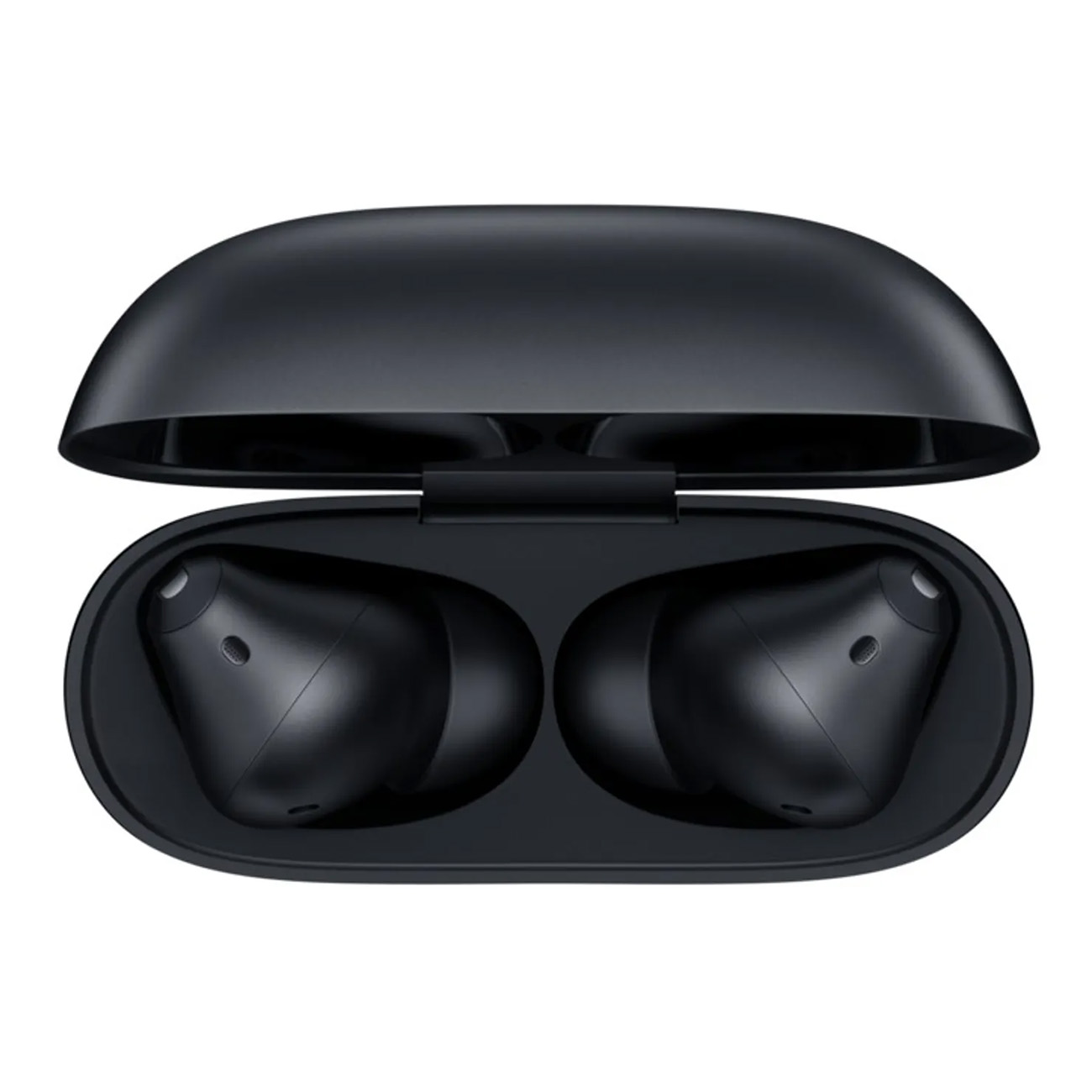 Czarne bezprzewodowe słuchawki douszne w czarnym etui ładującym, otwarte, pokazujące pąki.