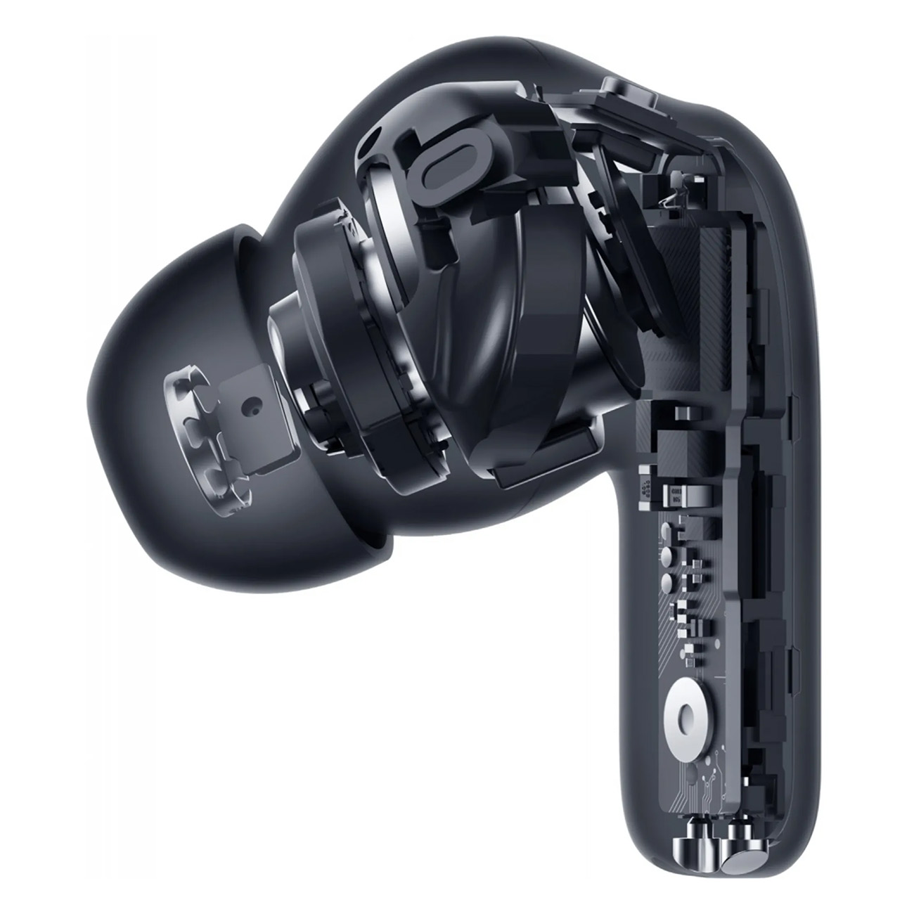 Przekrój ciemnoszarej słuchawki dousznej pokazujący elementy wewnętrzne.