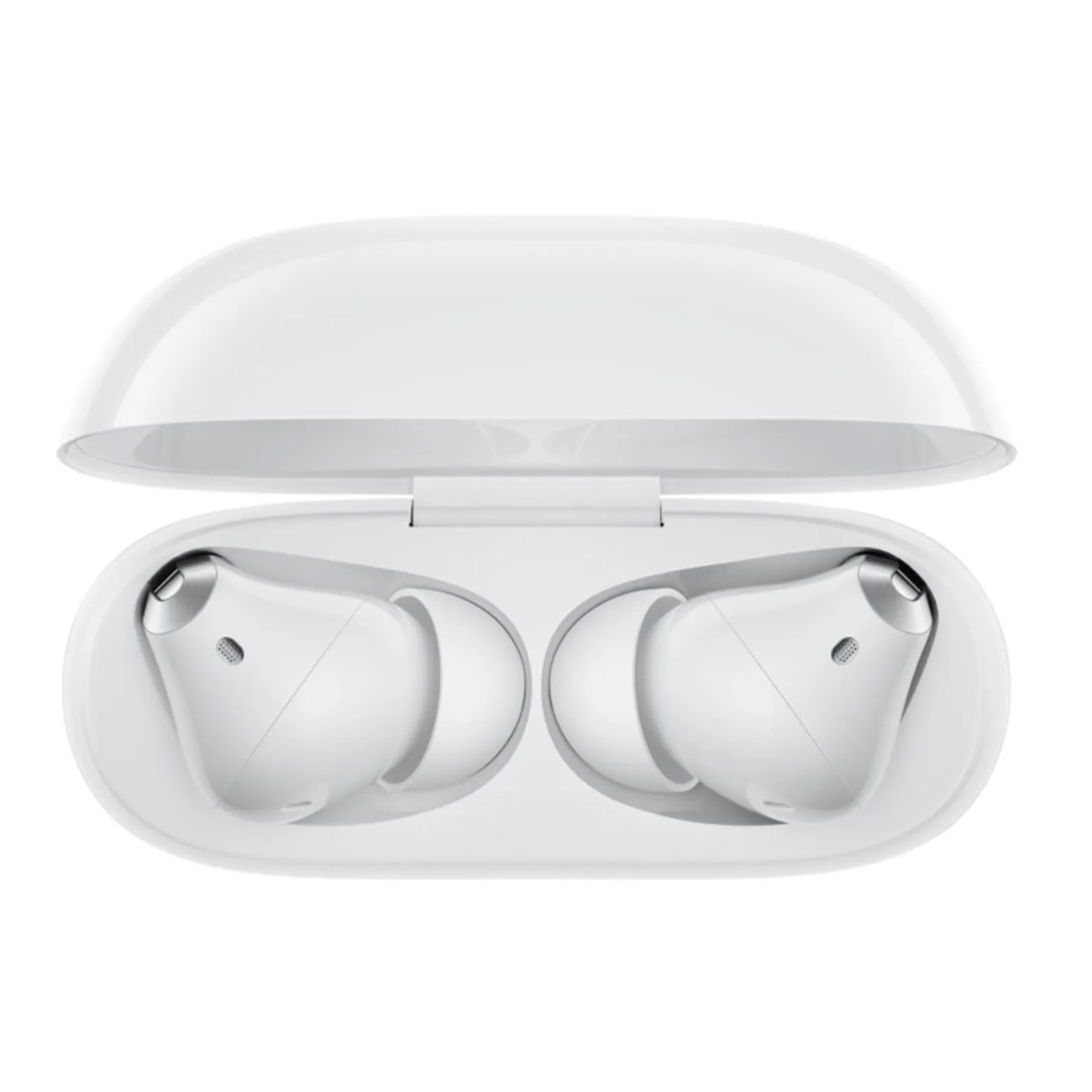 Białe słuchawki w otwartym, białym etui ładującym na białym tle.