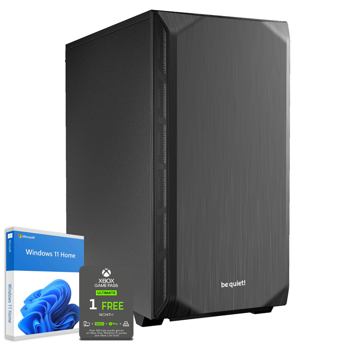 Czarna obudowa komputera z pudełkiem Windows 11 Home i kartą Xbox Game Pass, białe tło.