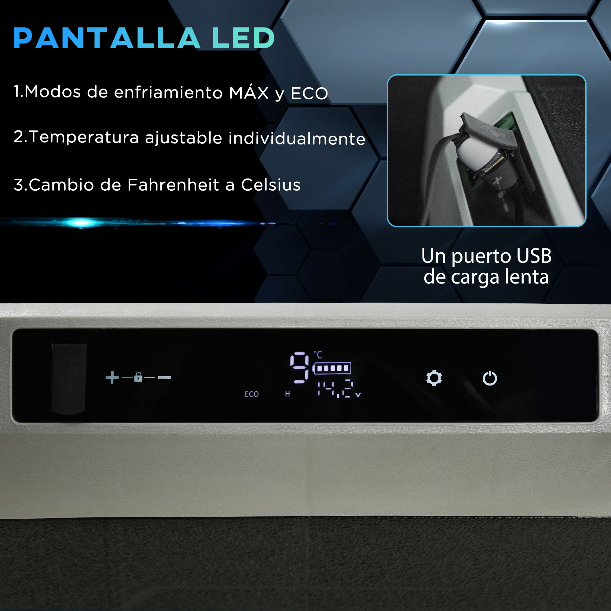 Primer plano de una pantalla que muestra detalles de temperatura. También se ve texto en español.