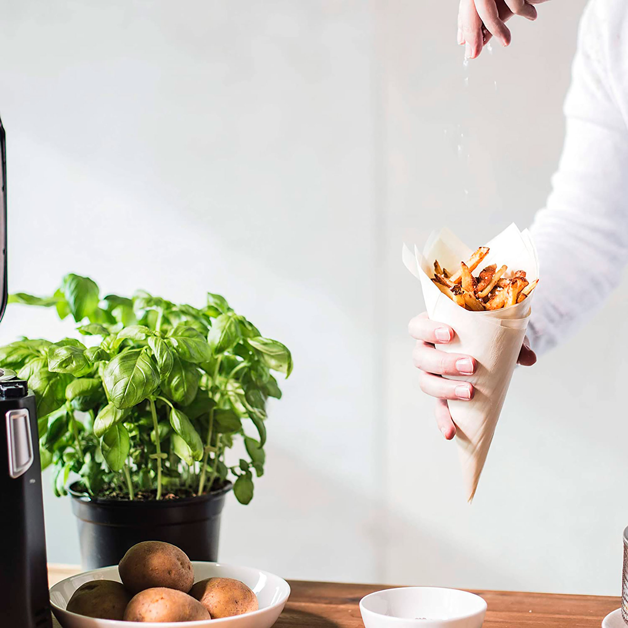Osoba posypuje solą frytki w papierowym rożku. W tle roślina bazylii i ziemniaki.