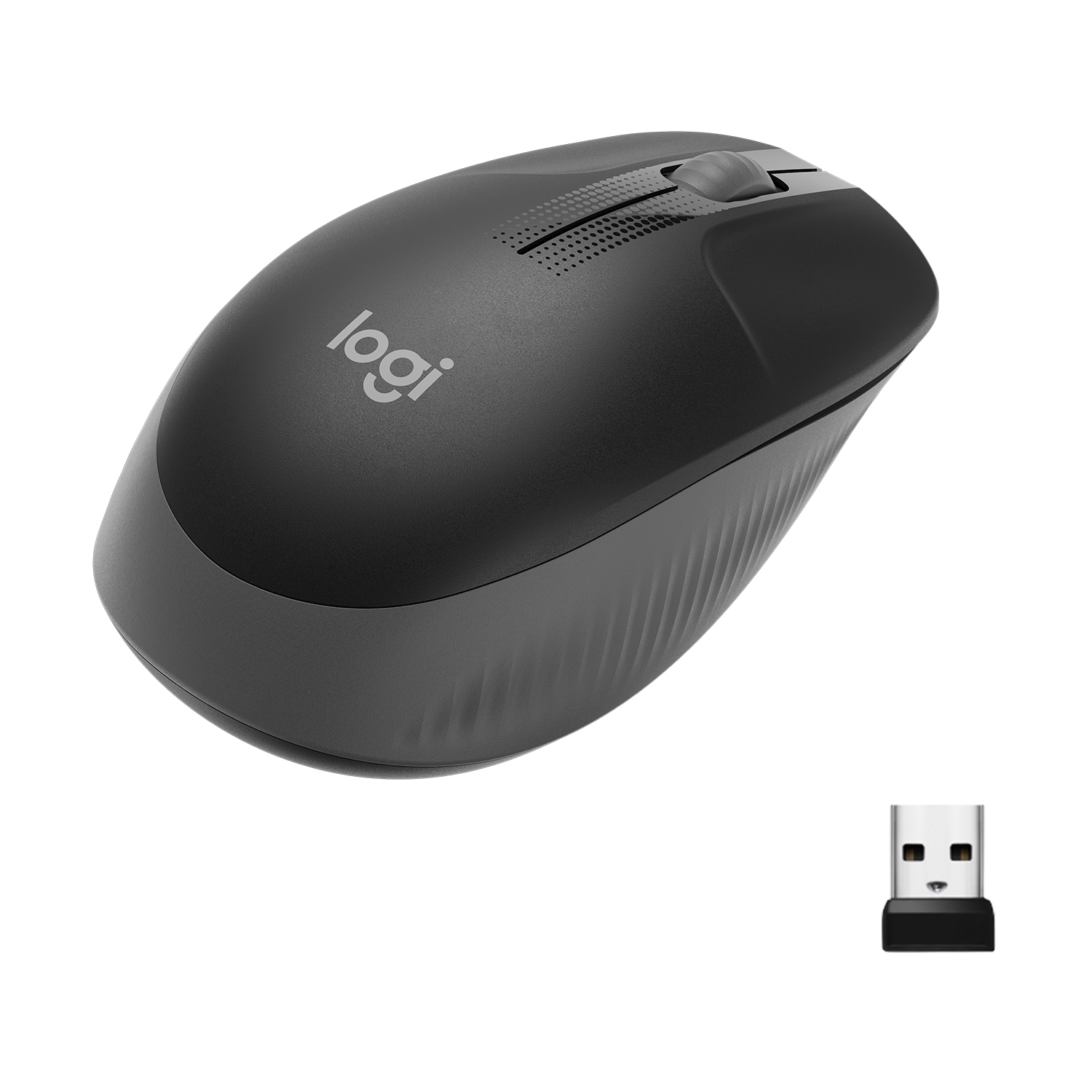 Mouse Logitech nero con rotella di scorrimento. Include ricevitore USB. Sfondo bianco.