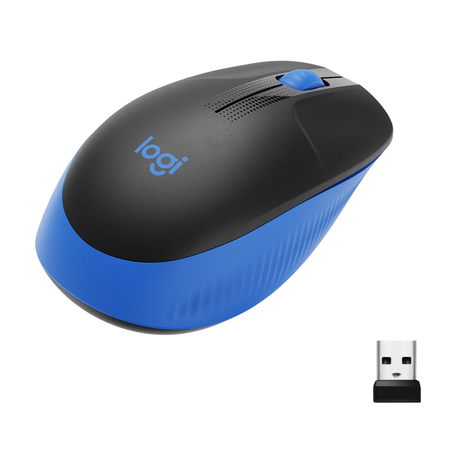 Schwarze und blaue kabellose Logitech-Maus mit einem USB-Empfänger auf weißem Hintergrund.