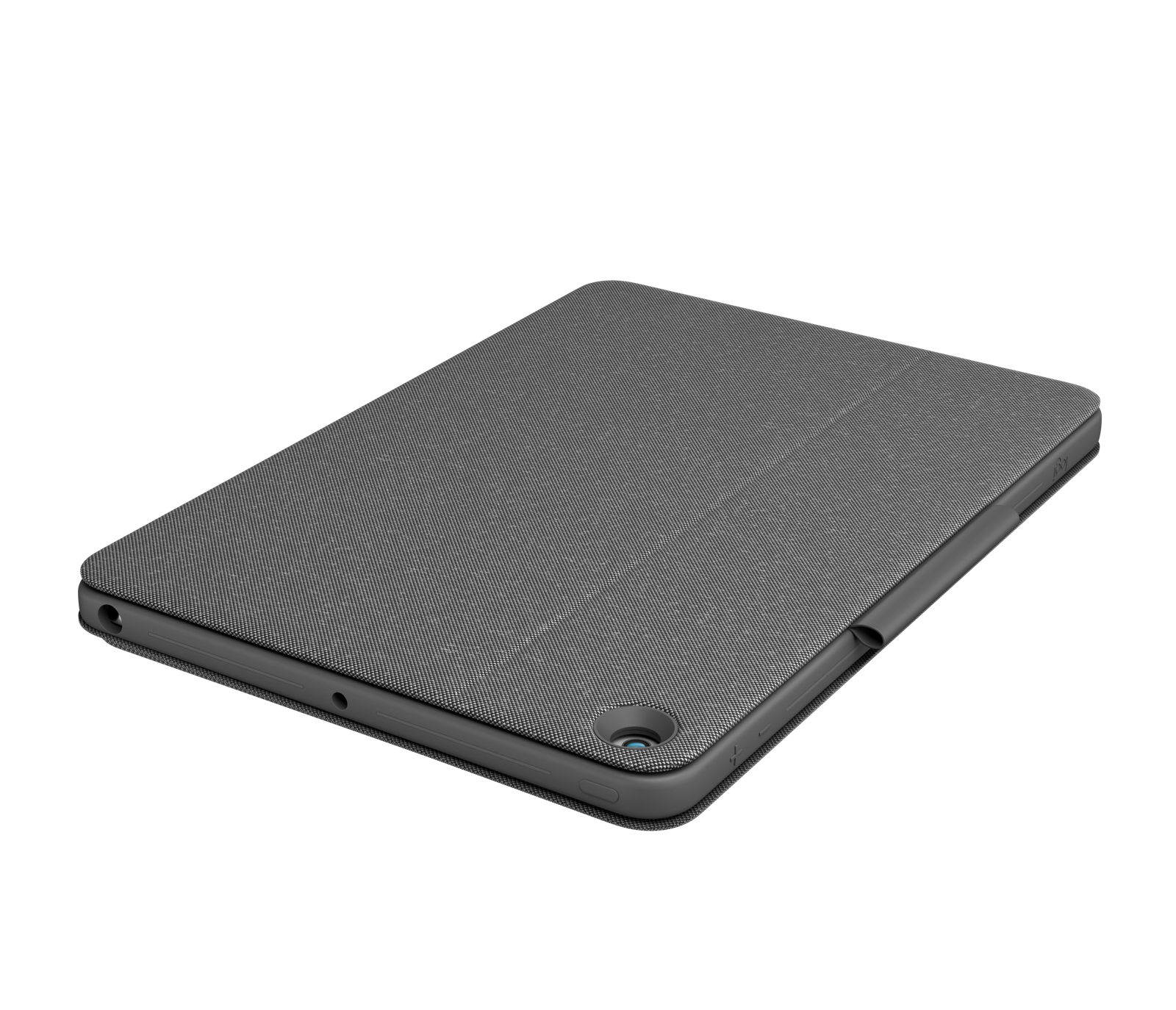 Szare etui na tablet. Okładka jest zamknięta. Etui jest na białym tle.