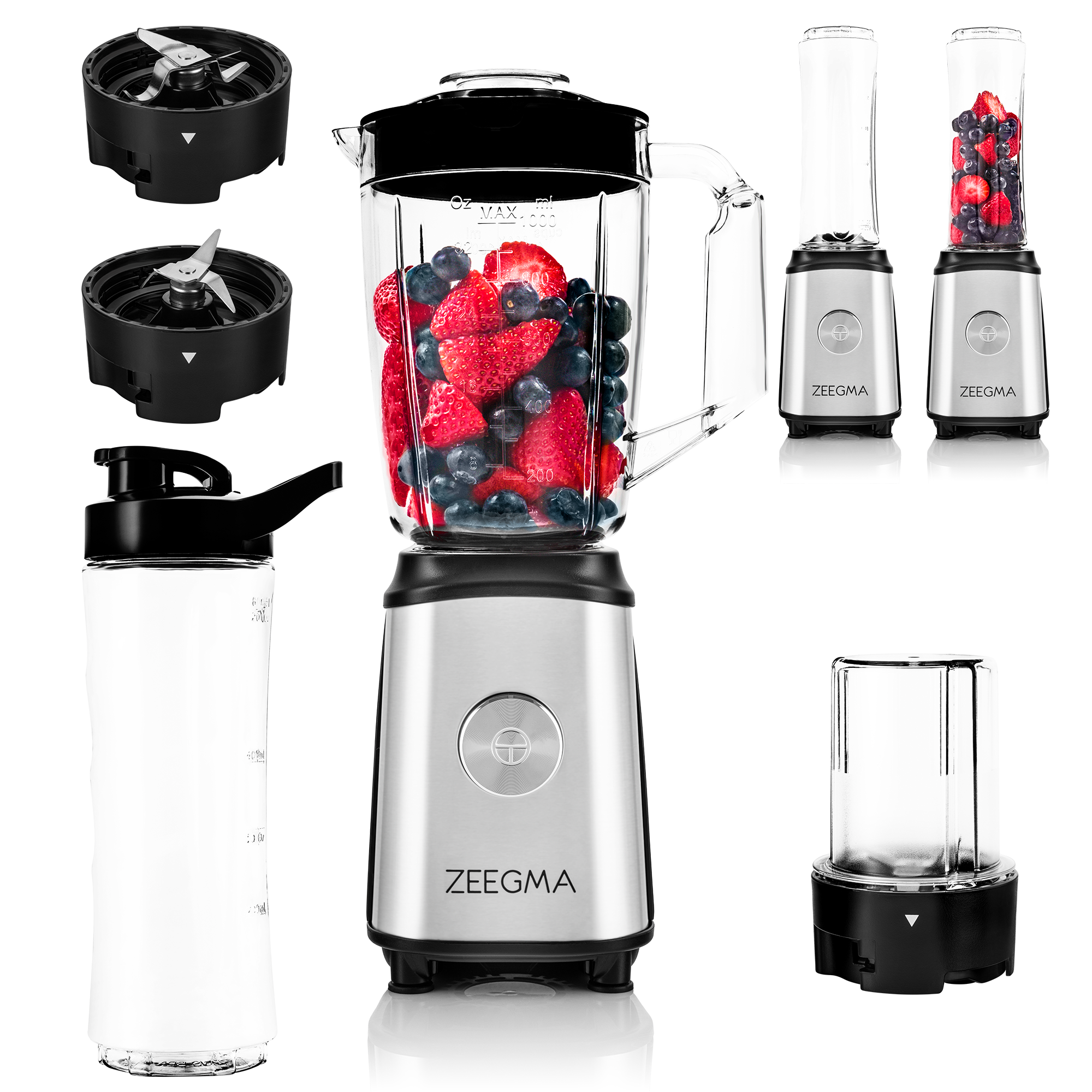 Mixer mit Früchten, mehrere Komponenten und eine transparente Wasserflasche.