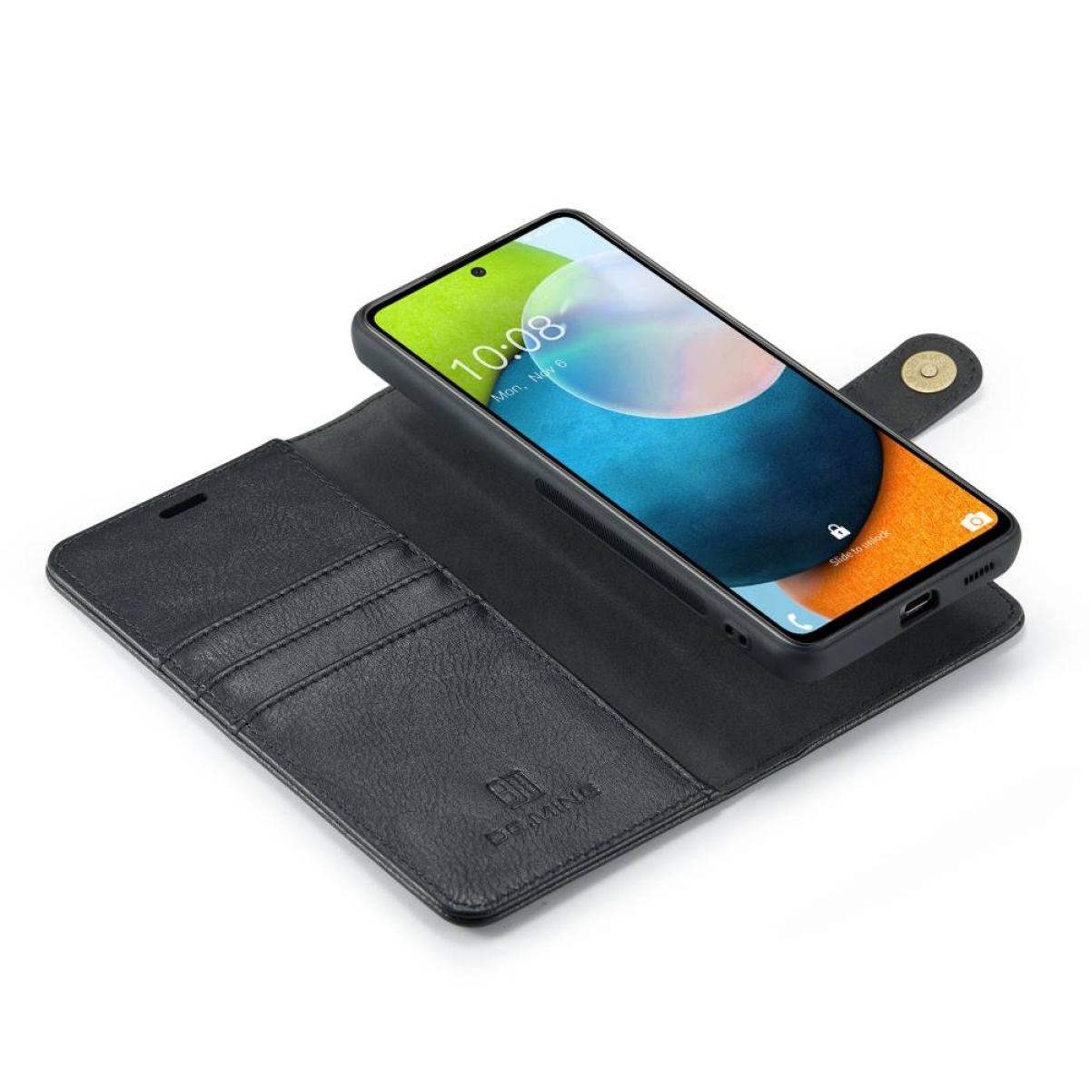 Schwarze Handyhülle mit Homescreen. Hülle offen, mit Kartenfächern, auf Weiß.