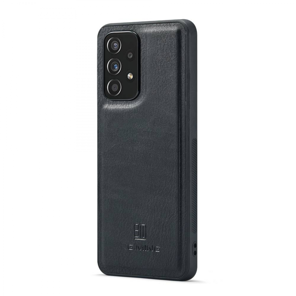 Schwarze Handyhülle mit geprägtem Design, bedeckt ein Telefon. Logo unten.