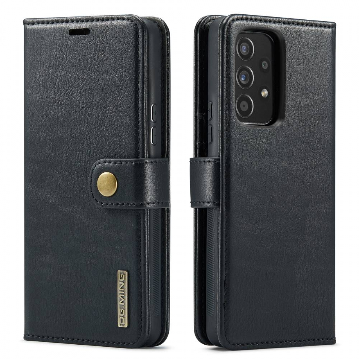 Schwarze Leder-Handyhülle. Knopfverschluss. Telefon ist sichtbar. Gold-Logo.