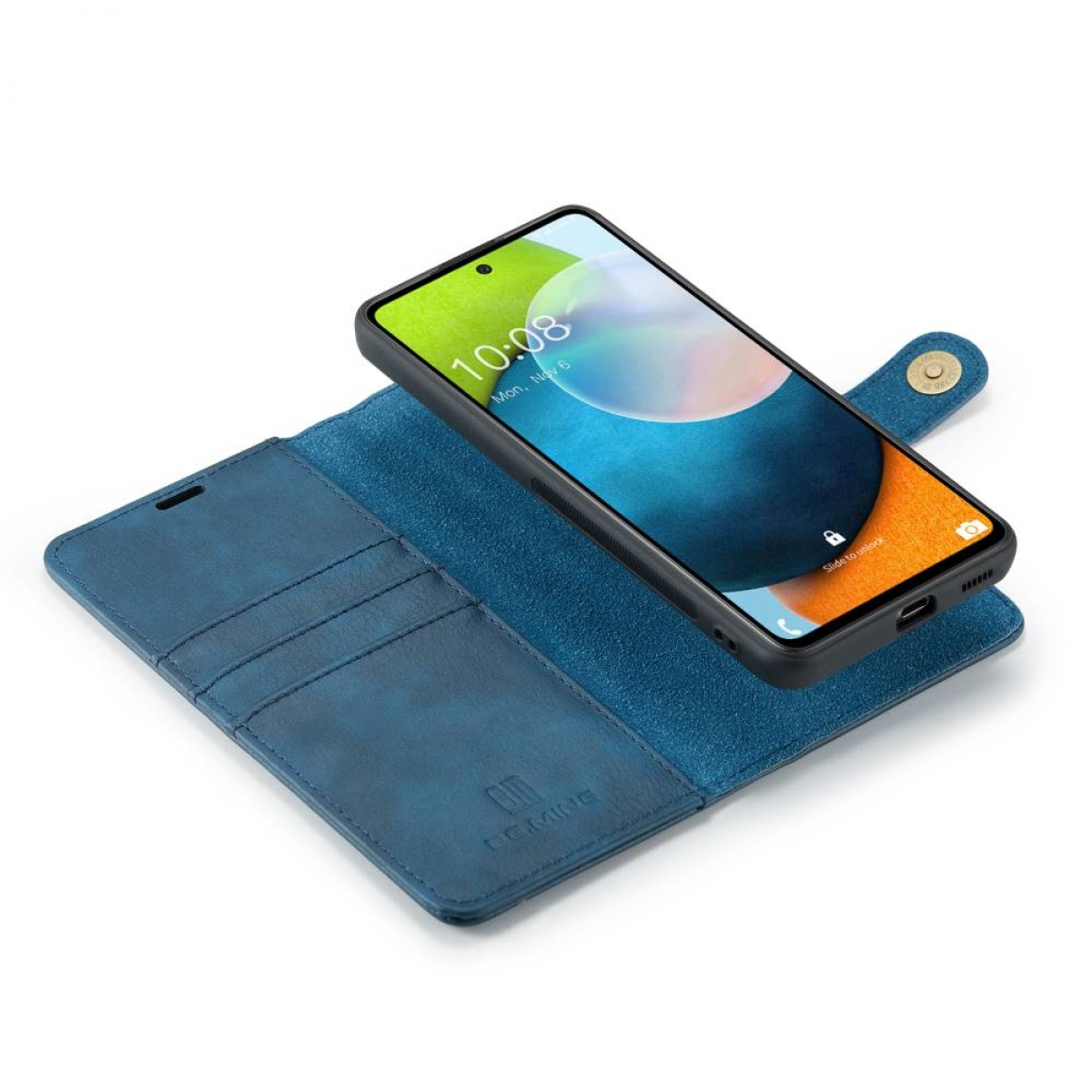 Eine blaue Handyhülle mit einem Smartphone darin. Der Bildschirm zeigt eine Oberfläche mit der Uhrzeit.