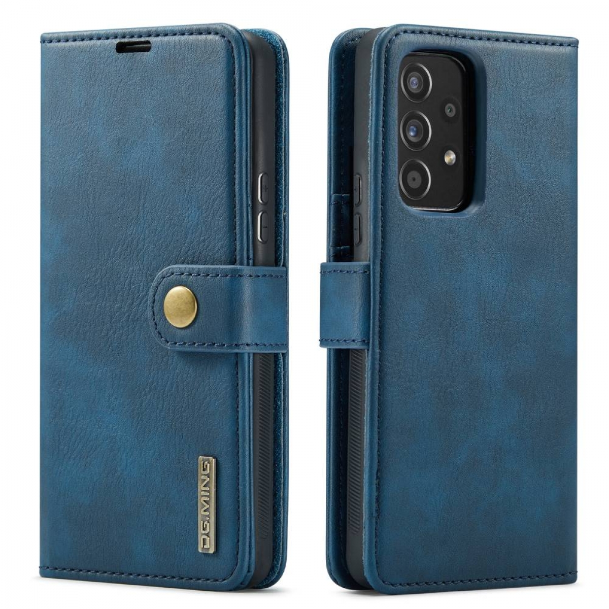 Blaues Leder-Handycase, geschlossen. Knopfverschluss, goldfarben. Der Markenname 'DOMING' ist sichtbar.