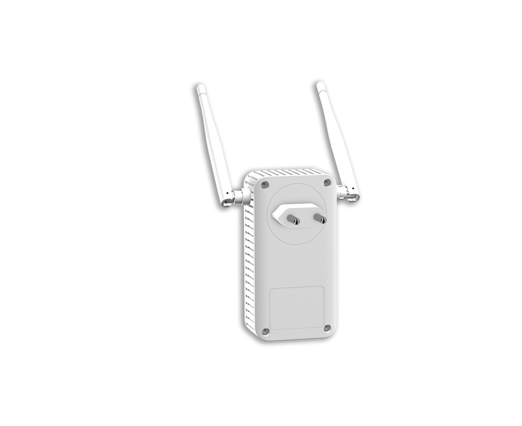 Weißer WLAN-Repeater mit zwei Antennen und einem Netzstecker. Isoliert auf weißem Hintergrund.