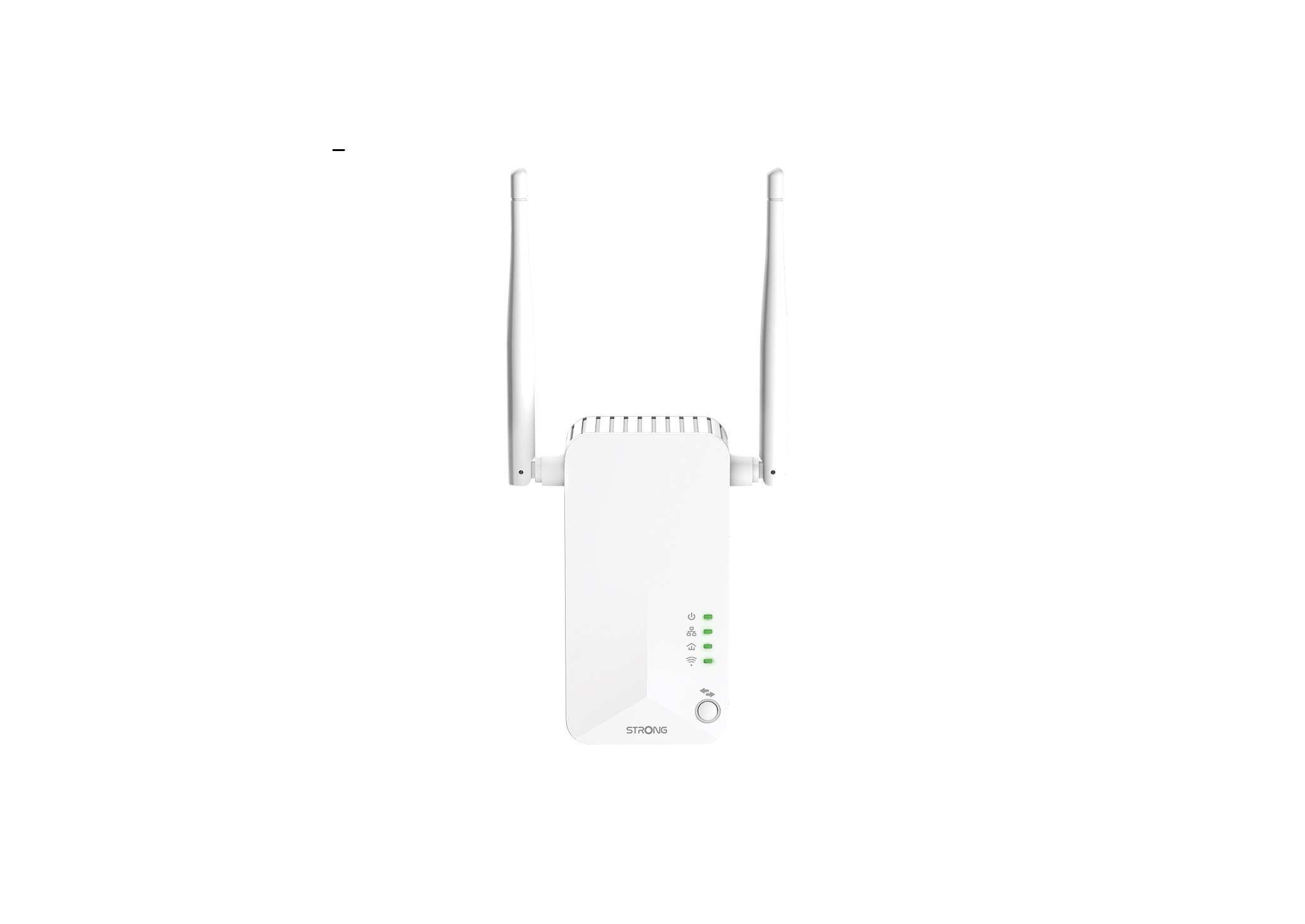 Weißer WLAN-Repeater mit Antennen, Knöpfen und Lichtern. Er dient zur Verstärkung des Netzwerksignals.
