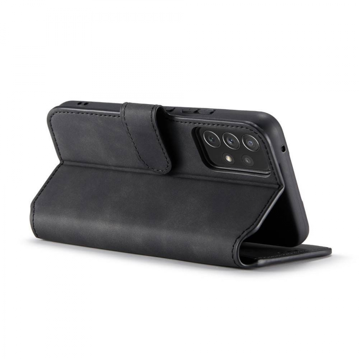 Schwarze Leder-Handyhülle mit Telefon darin. Hülle ist geöffnet, zeigt das Telefon.
