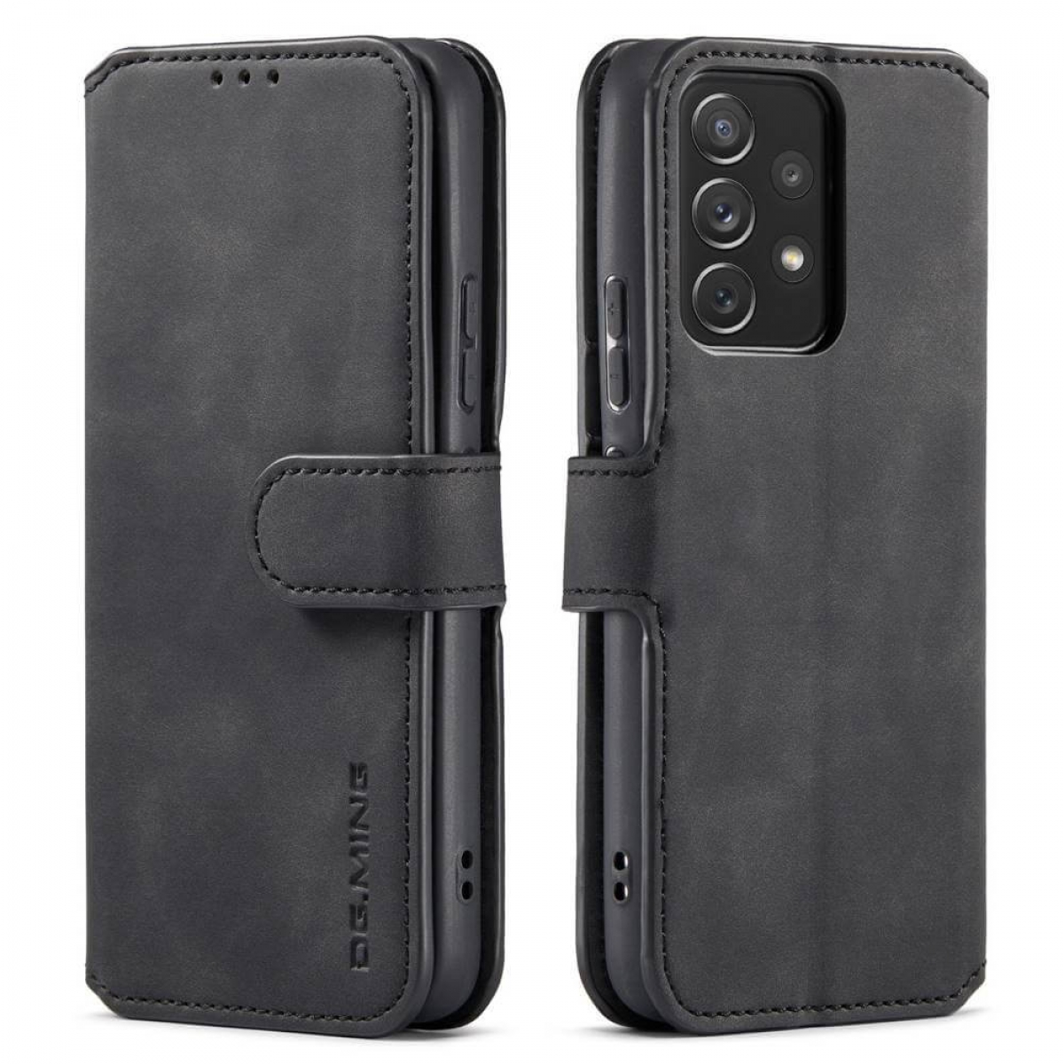 Eine schwarze Handyhülle mit Brieftaschendesign. Die Hülle ist links geschlossen und rechts offen.