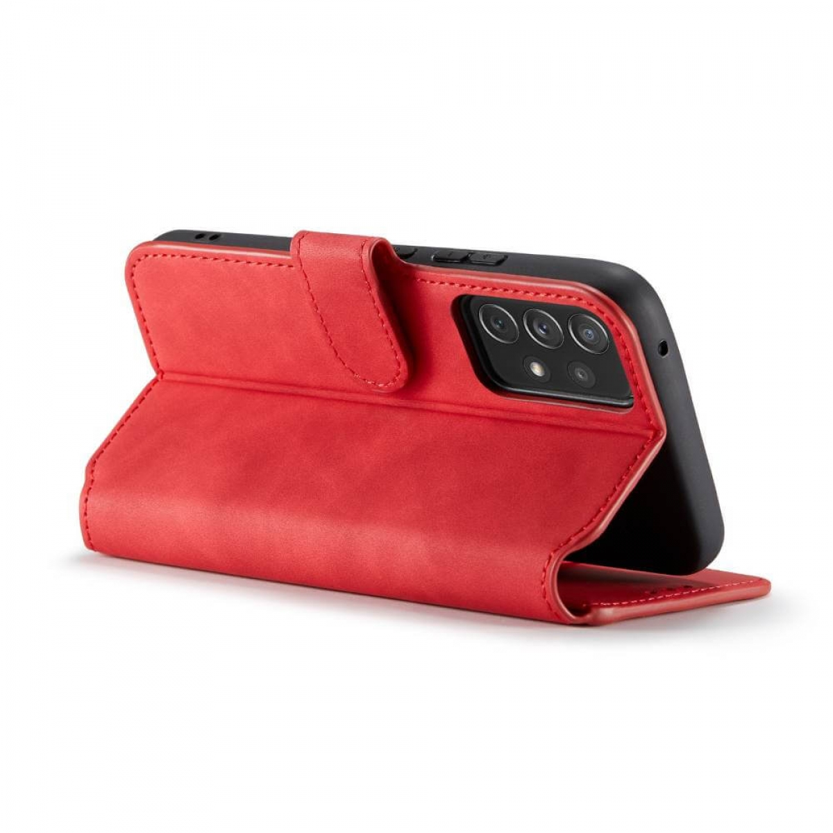 Rote Leder-Handyhülle offen, mit Telefon darin.