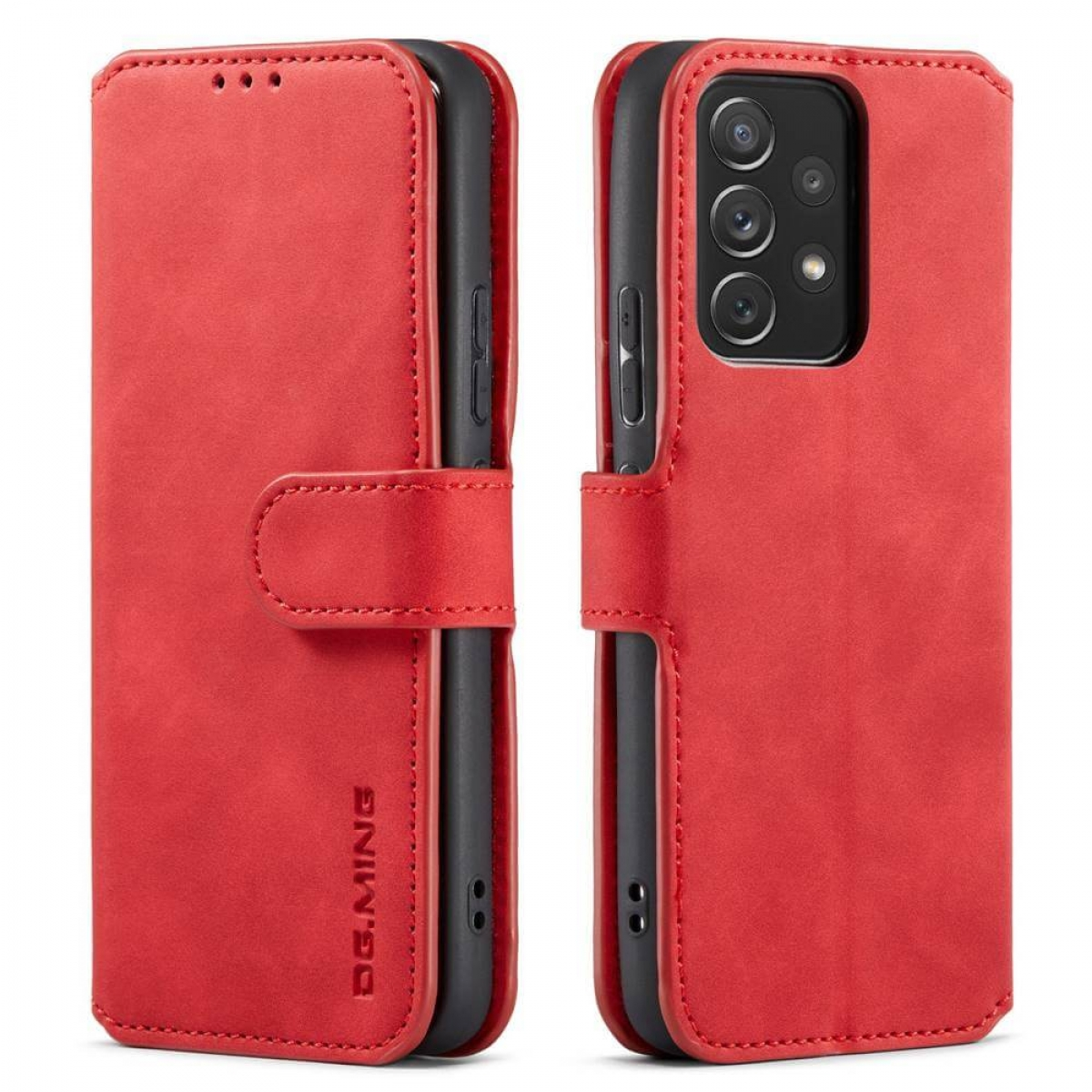 Eine rote Handyhülle mit Klappdeckel und Geldbörsen-Design.