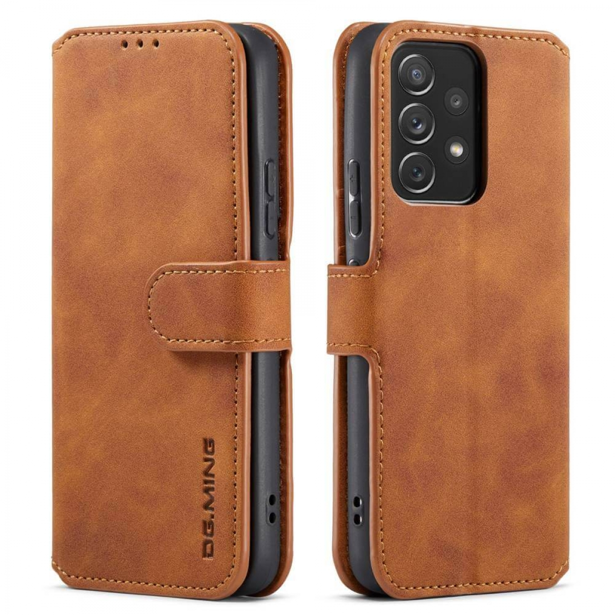 Braune Leder-Handyhülle mit Telefon, auf weißem Hintergrund.
