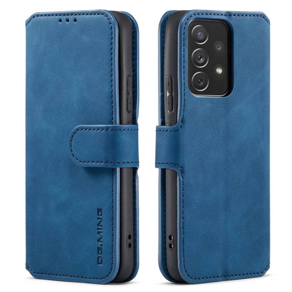 Blaue Leder-Handyhülle, geschlossen und offen, mit Magnetverschluss und dem Markennamen DG.MING.