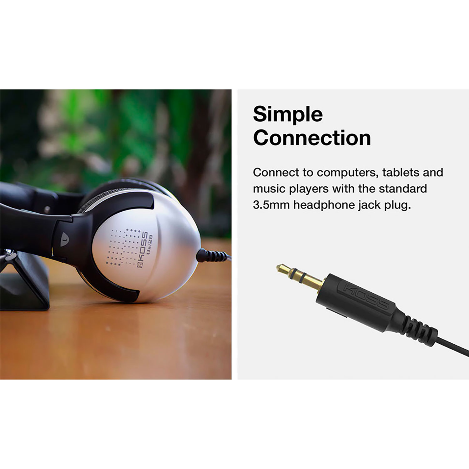 Słuchawki i gniazdo słuchawkowe, z tekstem: proste połączenie.