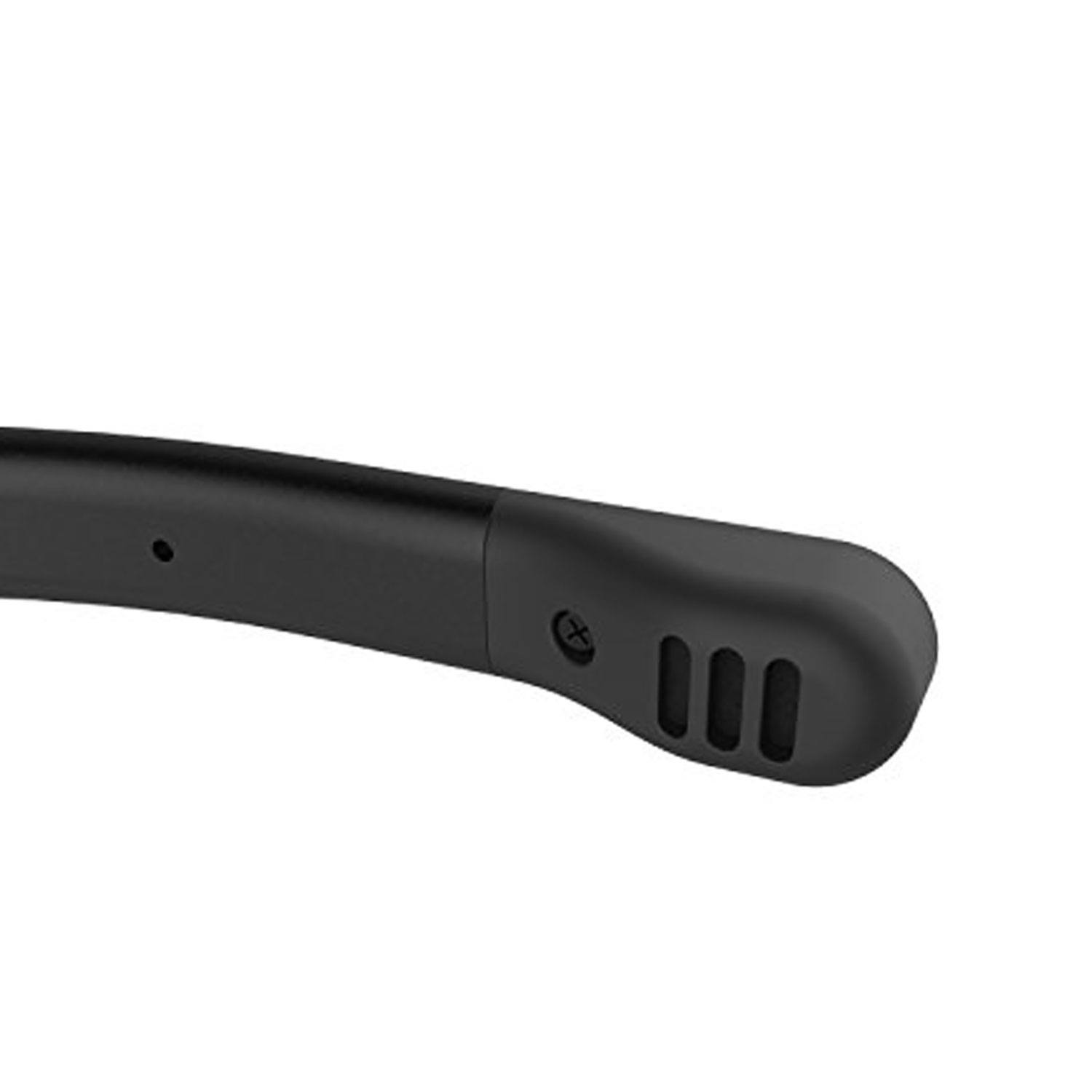 Zbliżenie czarnego wysięgnika mikrofonu z trzema otworami wentylacyjnymi.