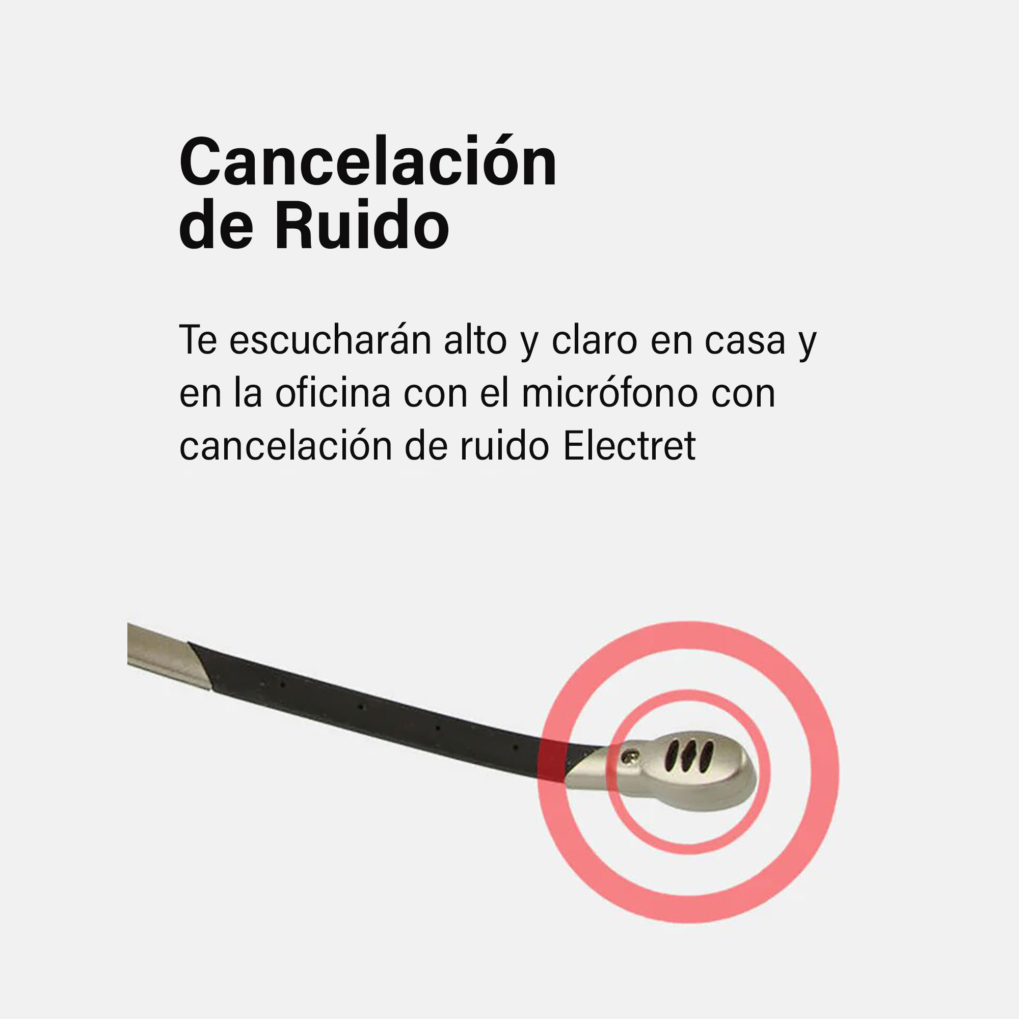 Micrófono con texto de cancelación de ruido y un círculo rojo alrededor del micro en fondo blanco.