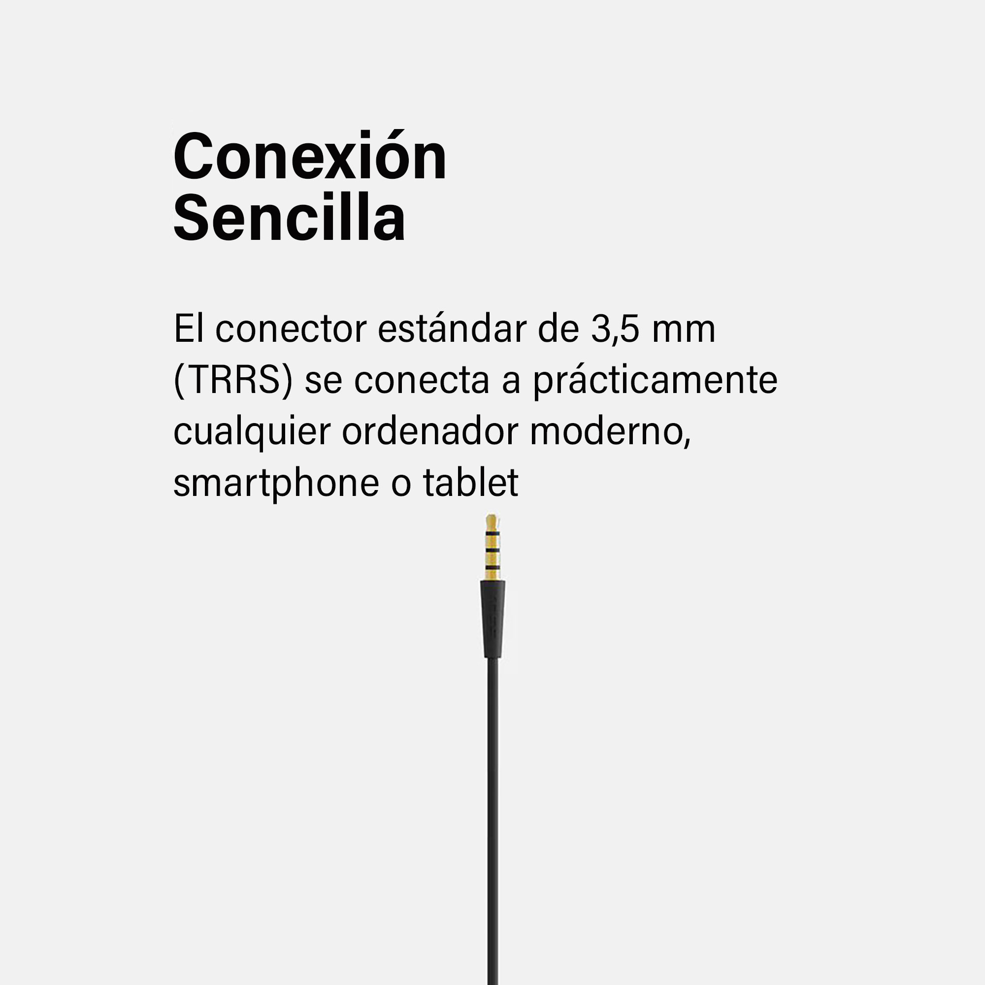 Conector de audio negro y dorado con texto en español: Conexión Sencilla. Se conecta a dispositivos modernos.