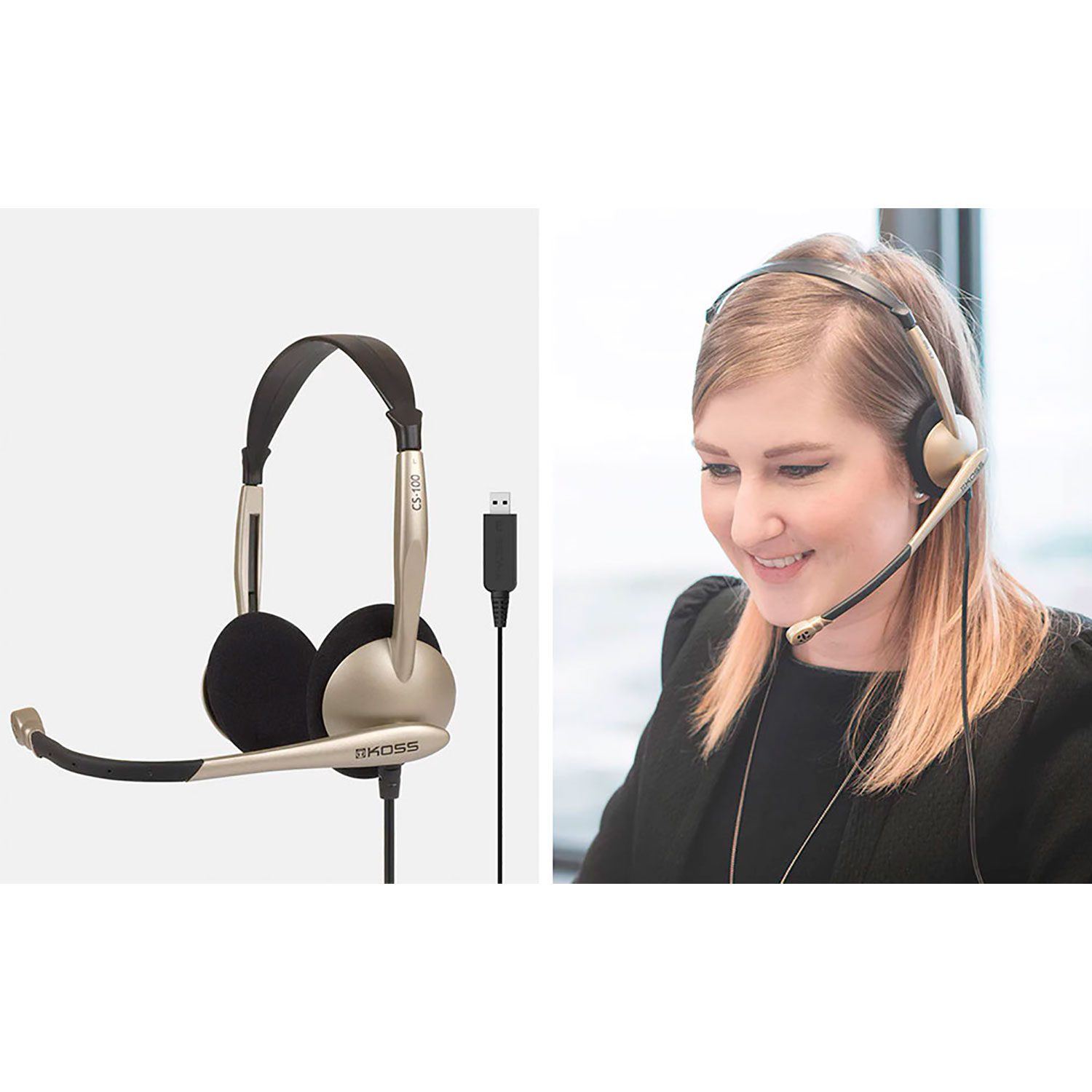 Ein gold-schwarzes Headset und eine Frau, die ein ähnliches Headset trägt. Beide haben Mikrofone.