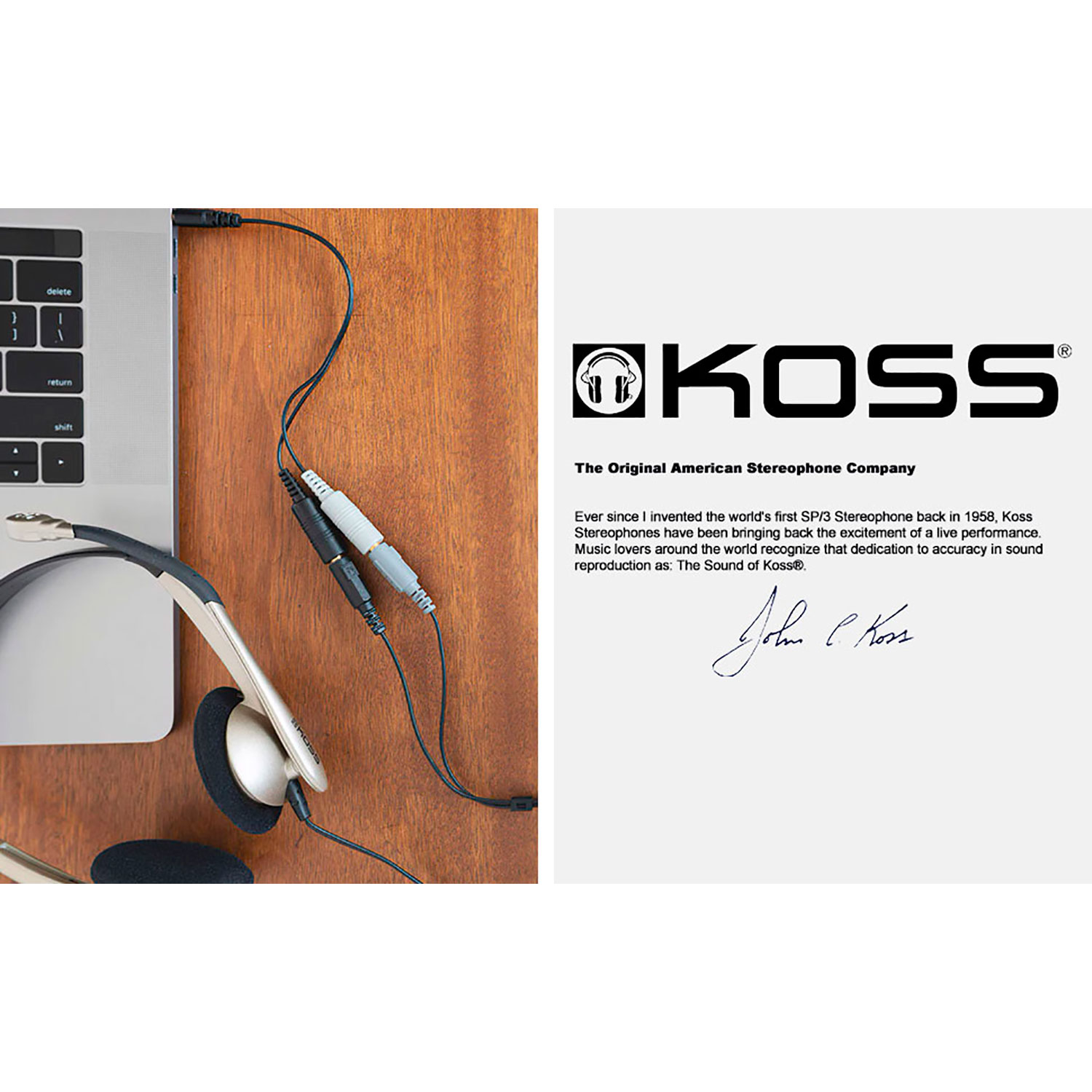 Cuffie e cavo audio con laptop e logo Koss su sfondo bianco.