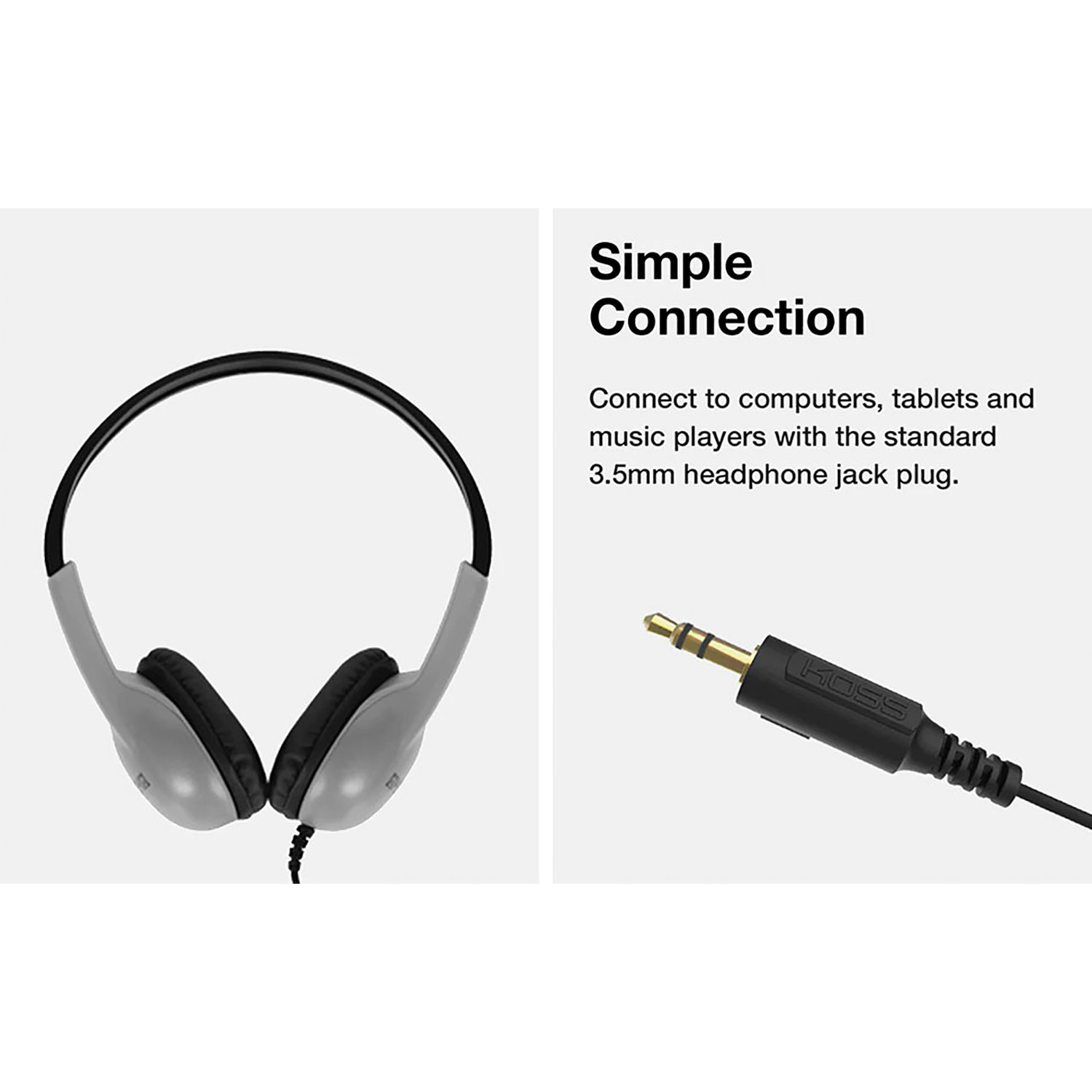 Una cuffia con microfono e due jack audio. Un testo dice che è una connessione semplice per computer e tablet.