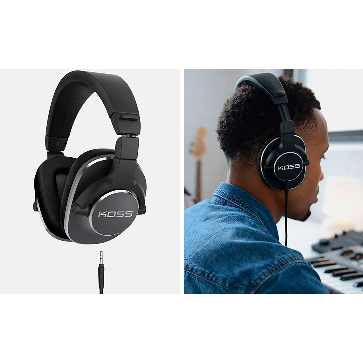 Czarne słuchawki ze srebrną obwódką. Mężczyzna noszący je przy biurku.