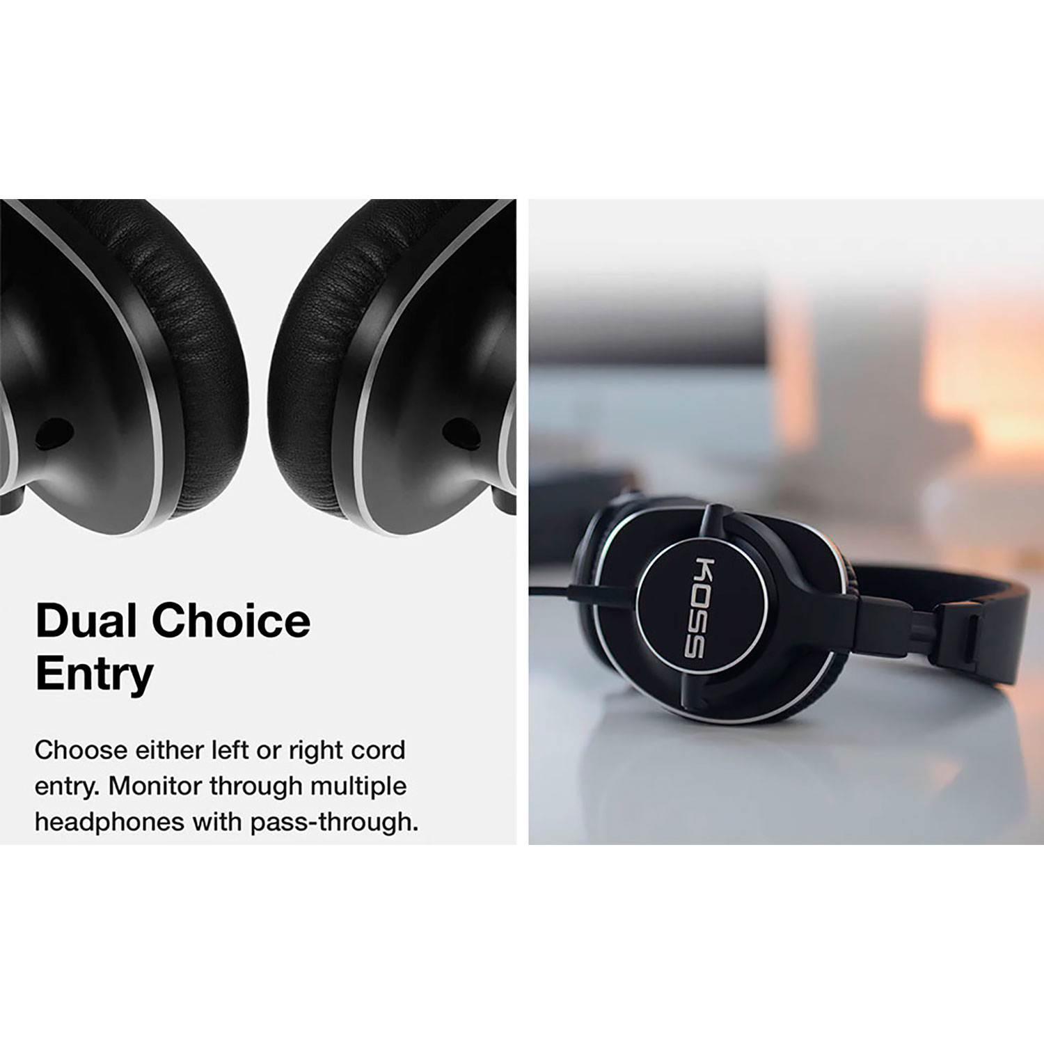 Czarne słuchawki z białymi akcentami. Tekst brzmi: Dual Choice Entry. Wybierz lewe lub prawe wejście przewodu.