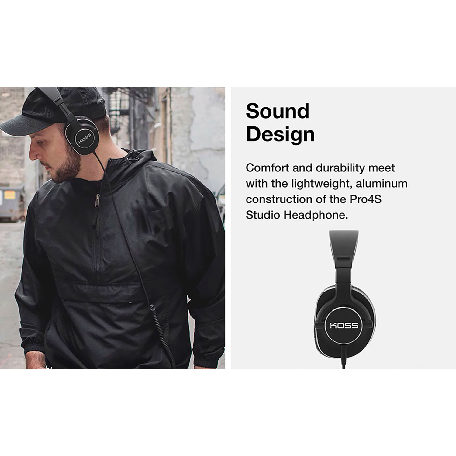 Mężczyzna w słuchawkach i czarnej kurtce, ze zdjęciem produktu słuchawek.