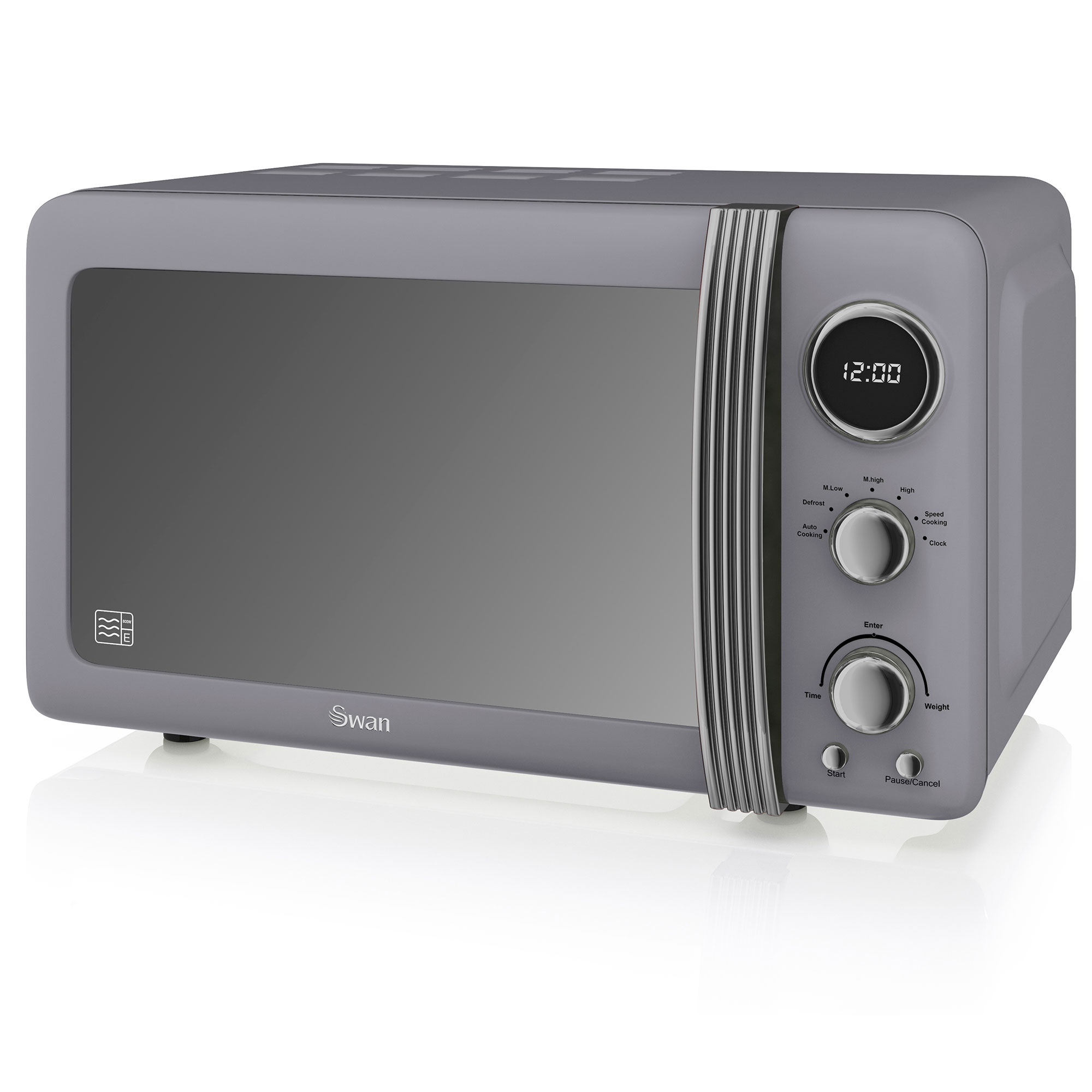 Graue Retro-Mikrowelle mit Digitaluhr. Sie hat Tasten für Leistung und Einstellungen.
