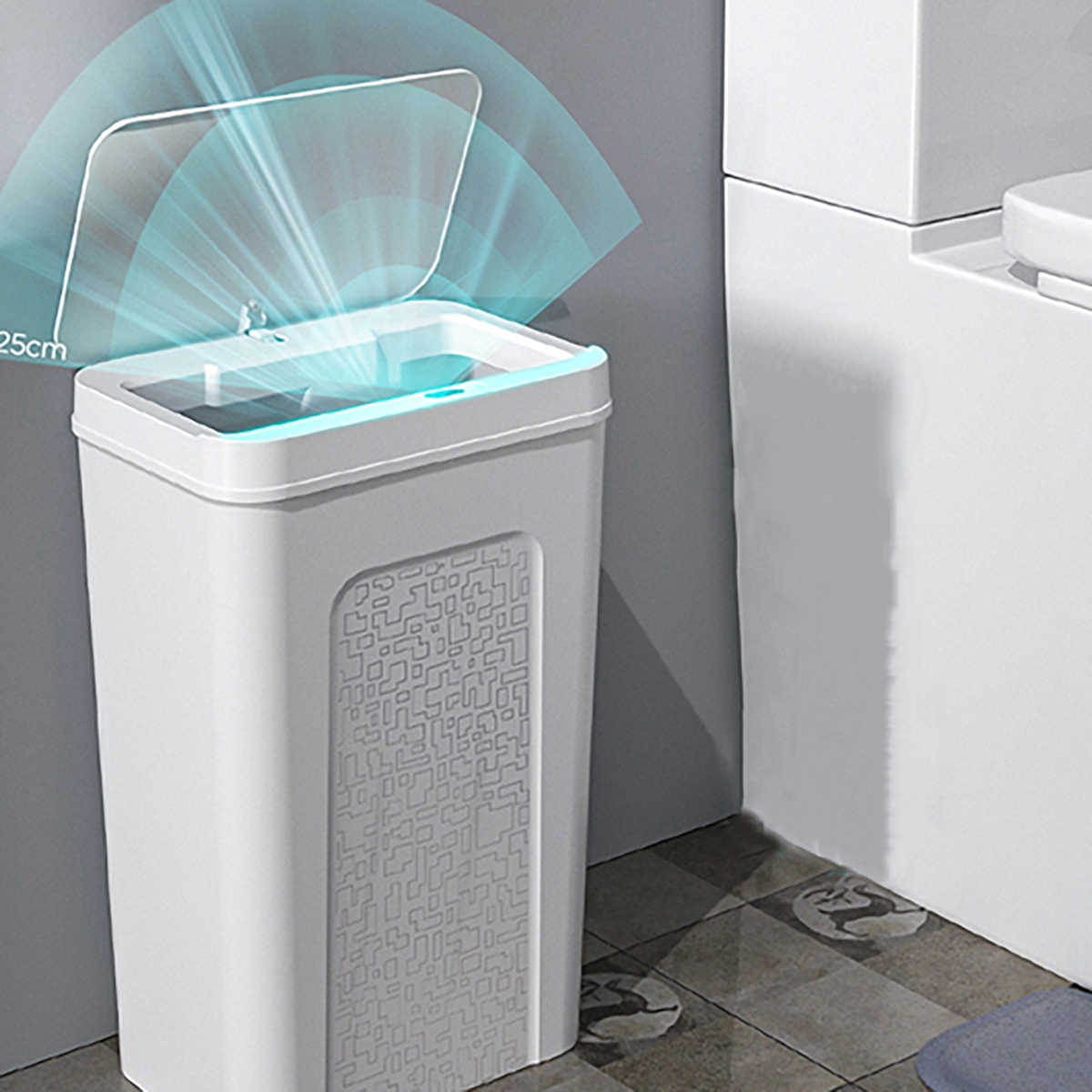 Un basurero blanco con la tapa ligeramente abierta. La tapa tiene una luz azul alrededor.