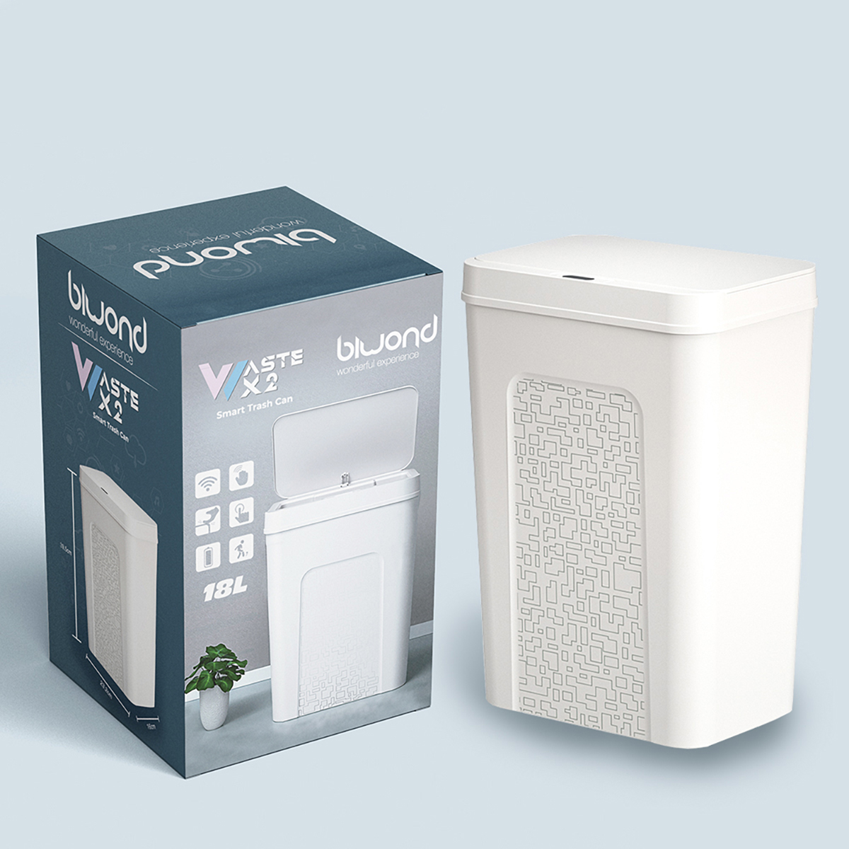Un cubo de basura inteligente blanco con su caja de embalaje. La caja y el cubo muestran elementos de diseño y funciones.