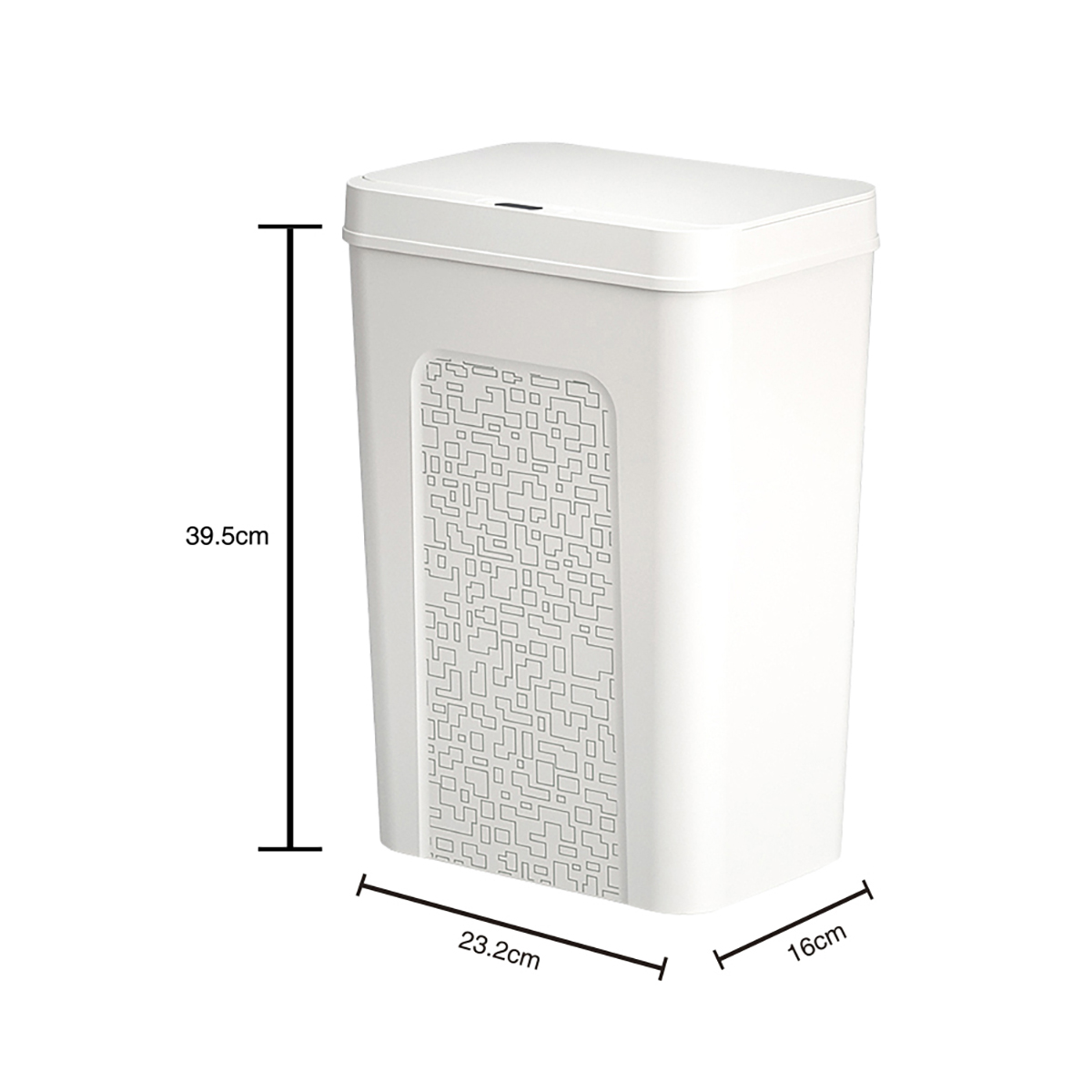 Un cubo de basura rectangular blanco con medidas y un diseño estampado en la parte delantera.