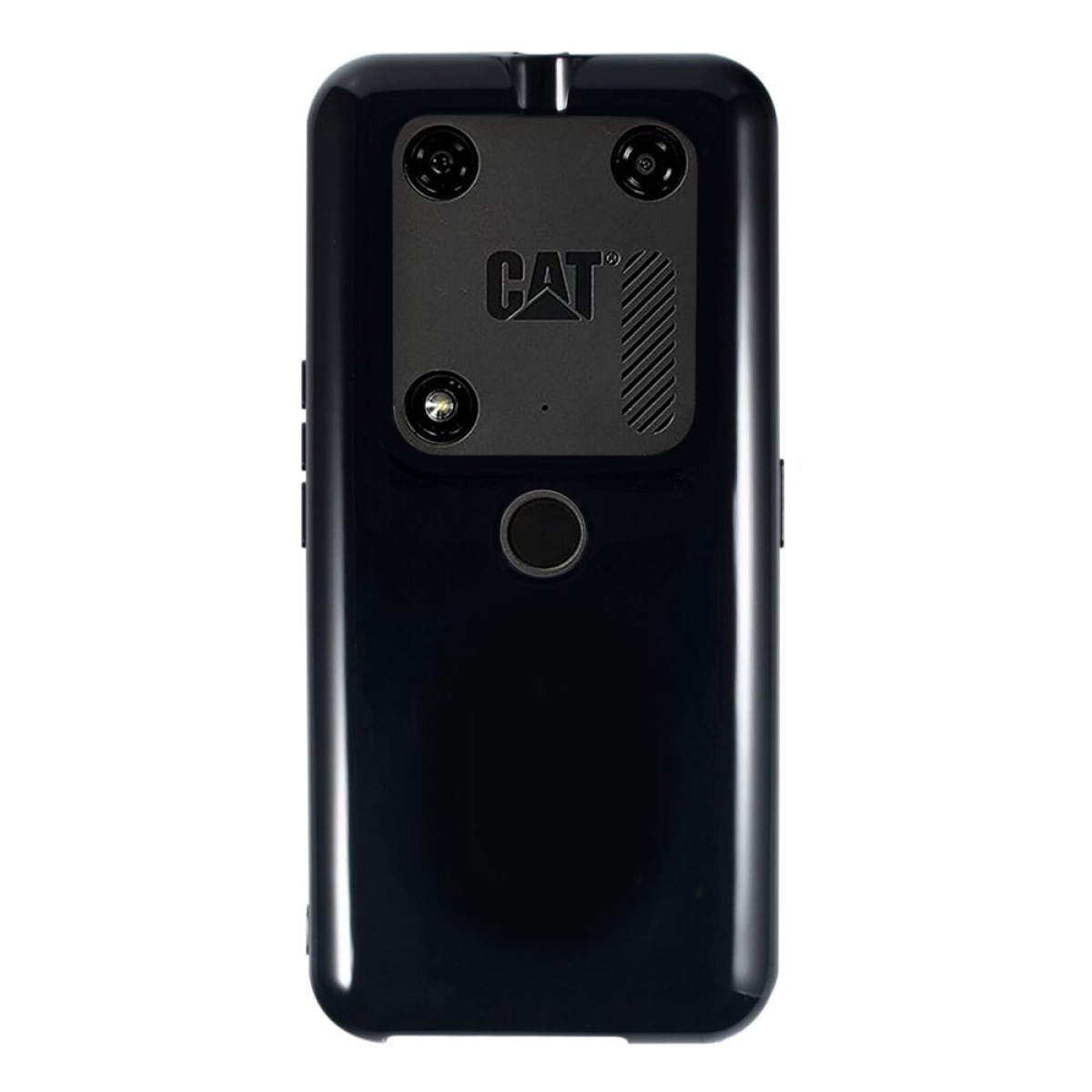 Die Rückseite eines schwarzen Telefons mit CAT-Logo und Kameraobjektiven. Die Rückseite ist glänzend.