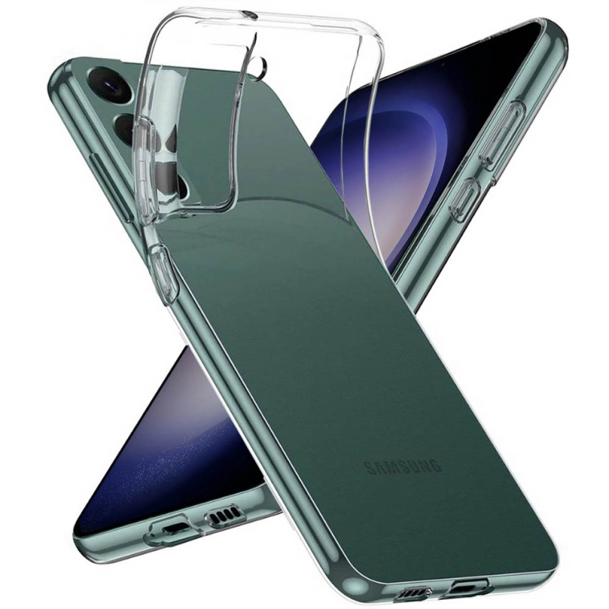 Transparente Handyhülle auf einem Telefon, mit einem zweiten Telefon dahinter.