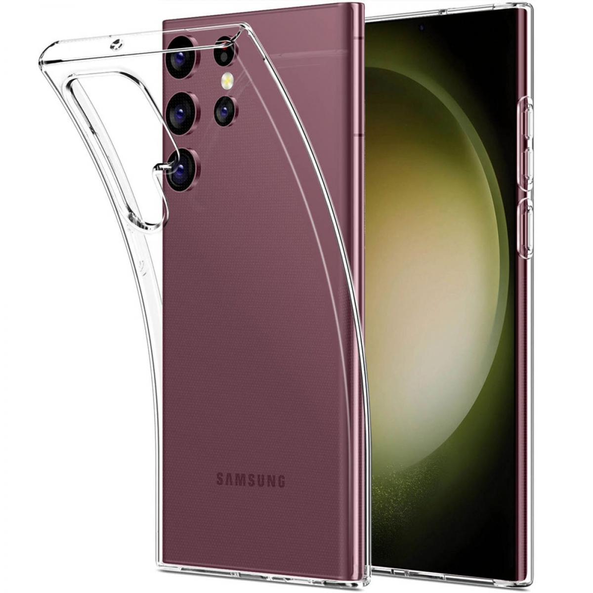 Transparente Handyhülle auf einem lila Handy. Das Handy befindet sich in aufrechter Position.