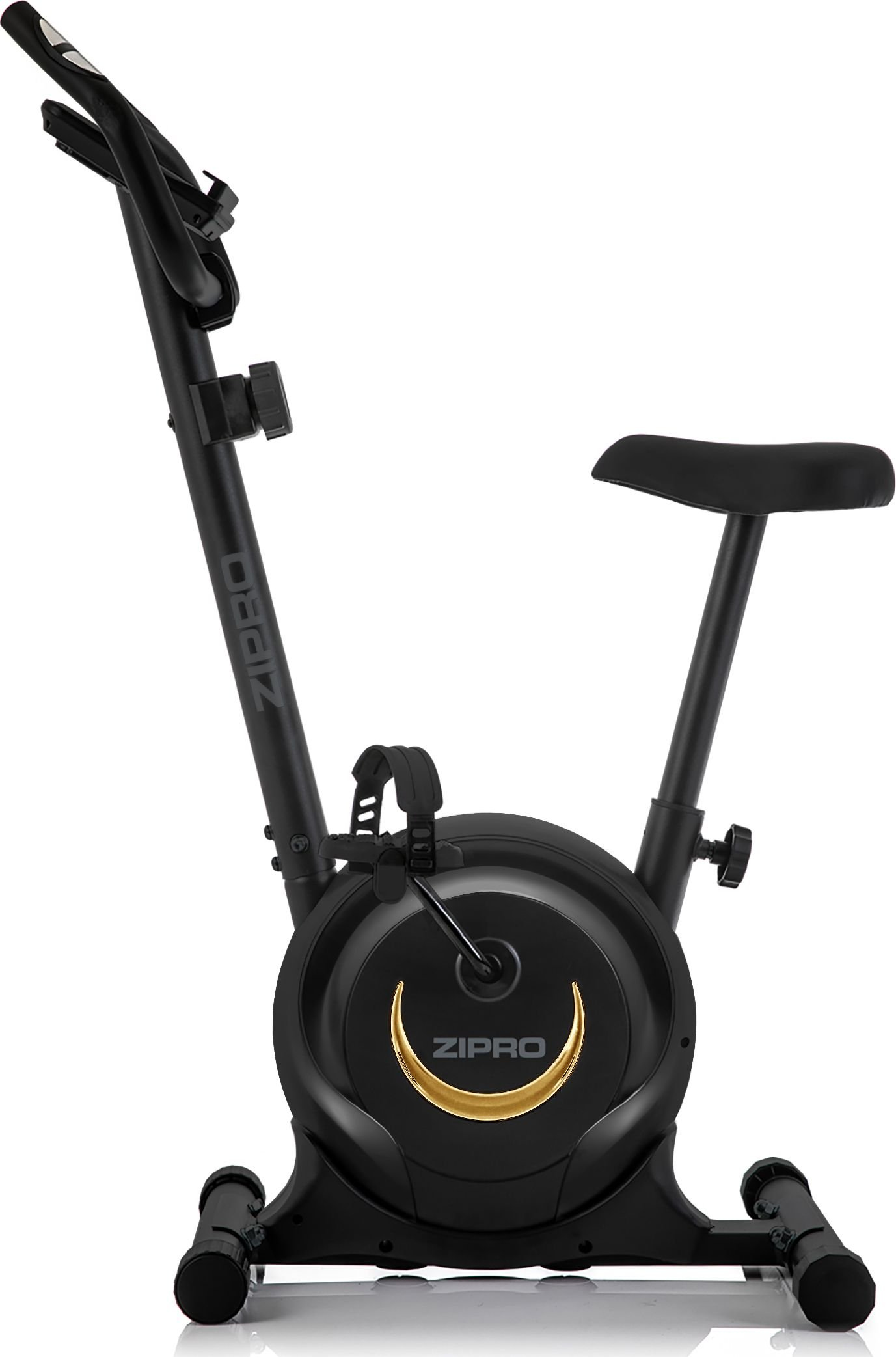 Schwarzes ZIPRO-Heimtrainer-Fahrrad mit goldenem Akzent, isoliert auf weißem Grund.