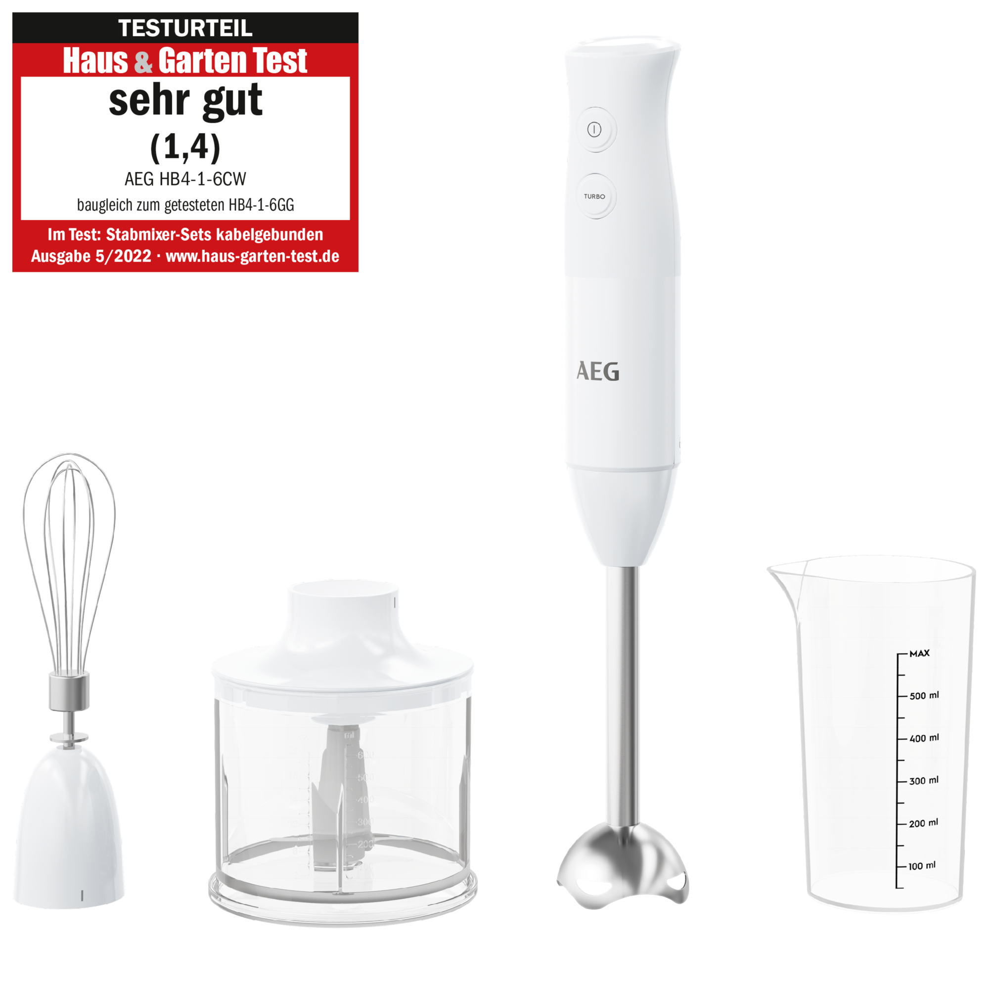 Weißer Stabmixer mit Zubehör, einschließlich Schneebesen und Messbecher.
