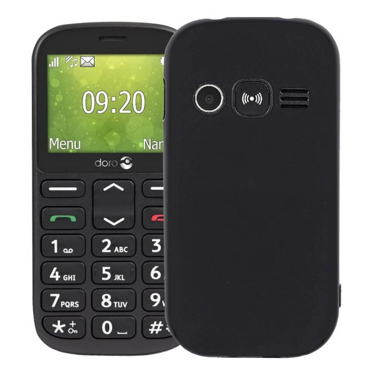 Schwarzes Doro-Mobiltelefon. Verfügt über eine Tastatur und einen Bildschirm.