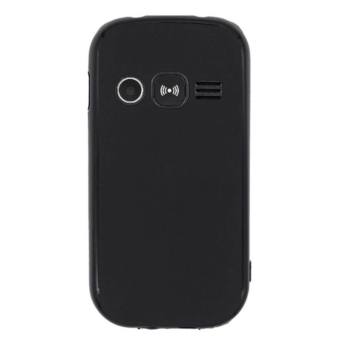 Schwarzes kleines Telefon mit Kamera und Lautsprecher auf der Vorderseite.