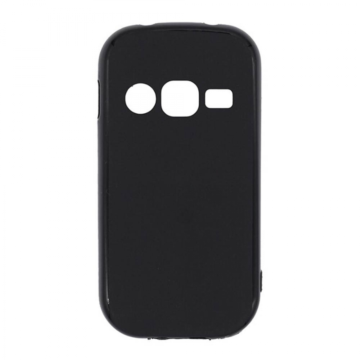 Eine schwarze Handyhülle. Es ist ein schlichtes Design mit Löchern für Kamera, Lautsprecher und Tasten.