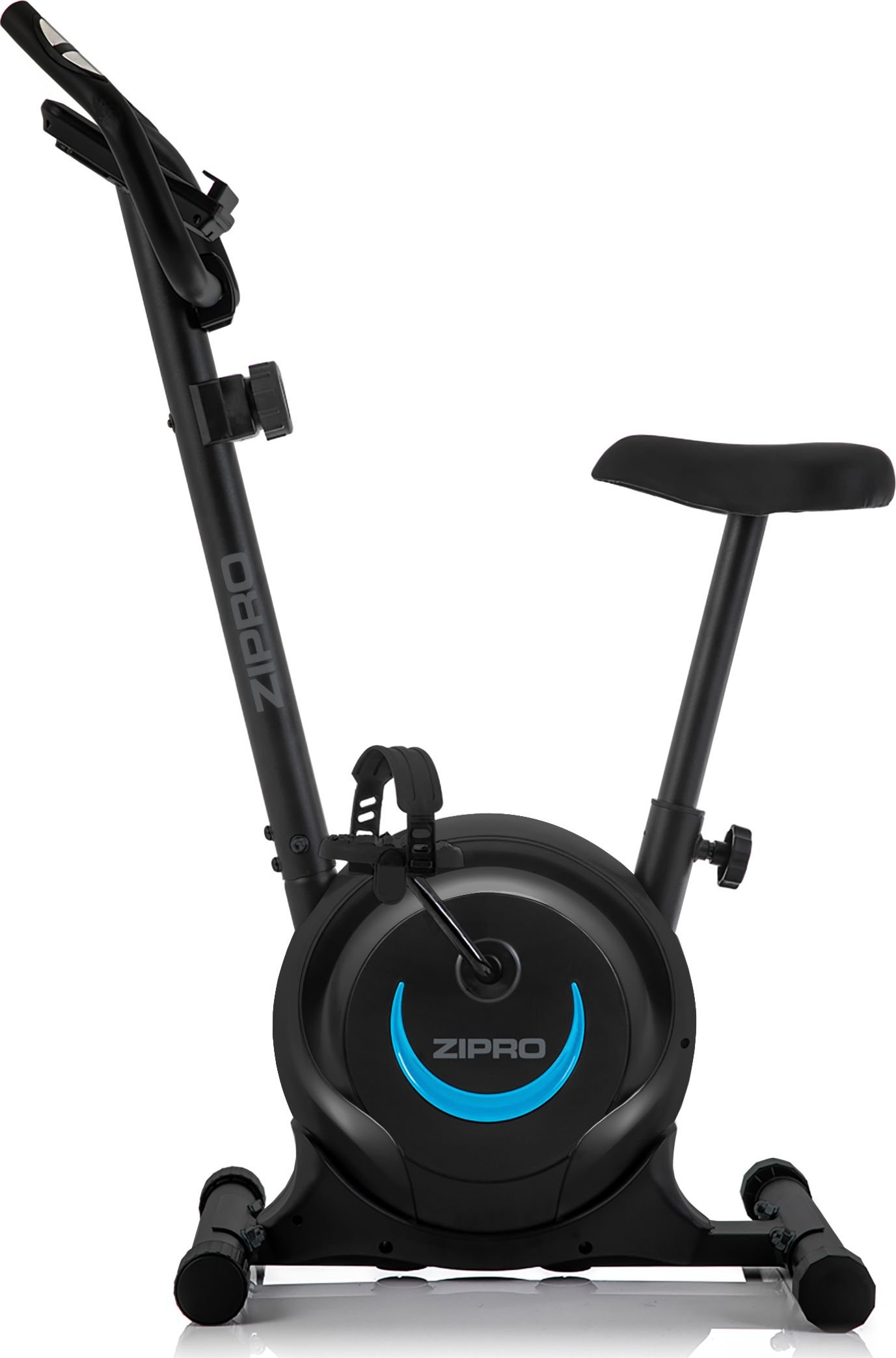 Ein schwarzes stationäres Trainingsfahrrad mit blauem Akzent an der Vorderseite des Rades.