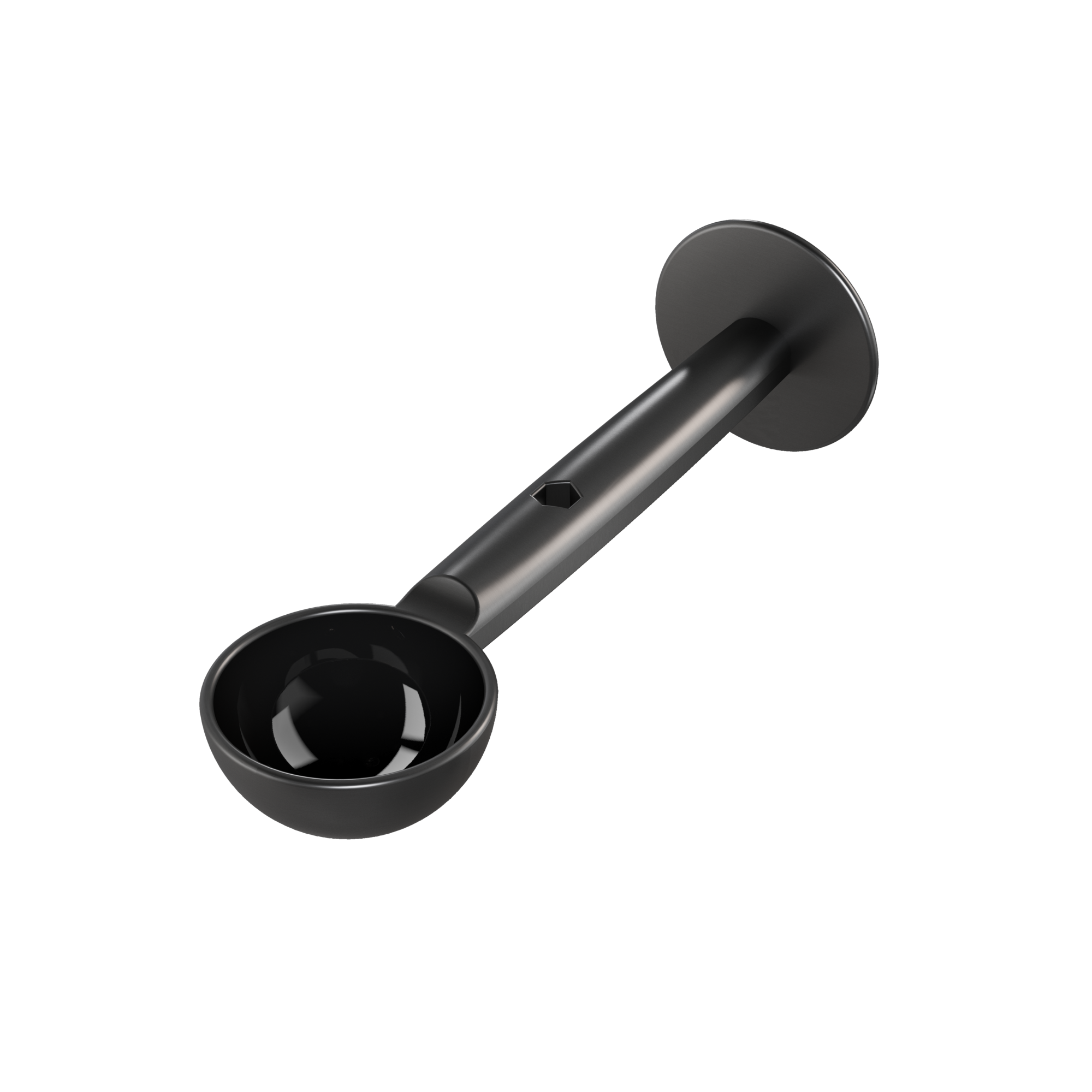 Czarna miarka do kawy z okrągłą miseczką na ciemnym tle.